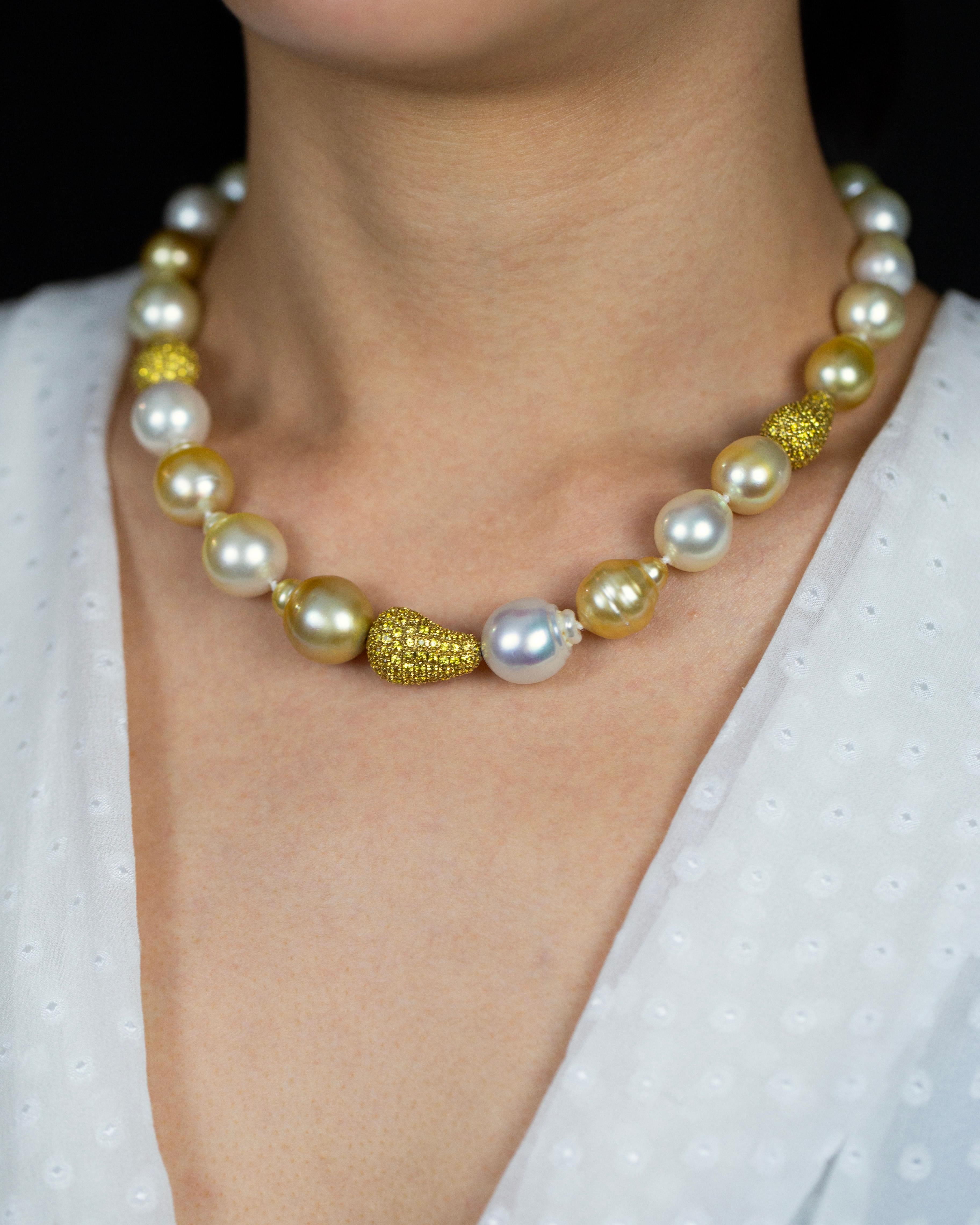 Round Cut Golden and White South Sea Baroque Pearls and Yellow Sapphire Necklace For Sale
