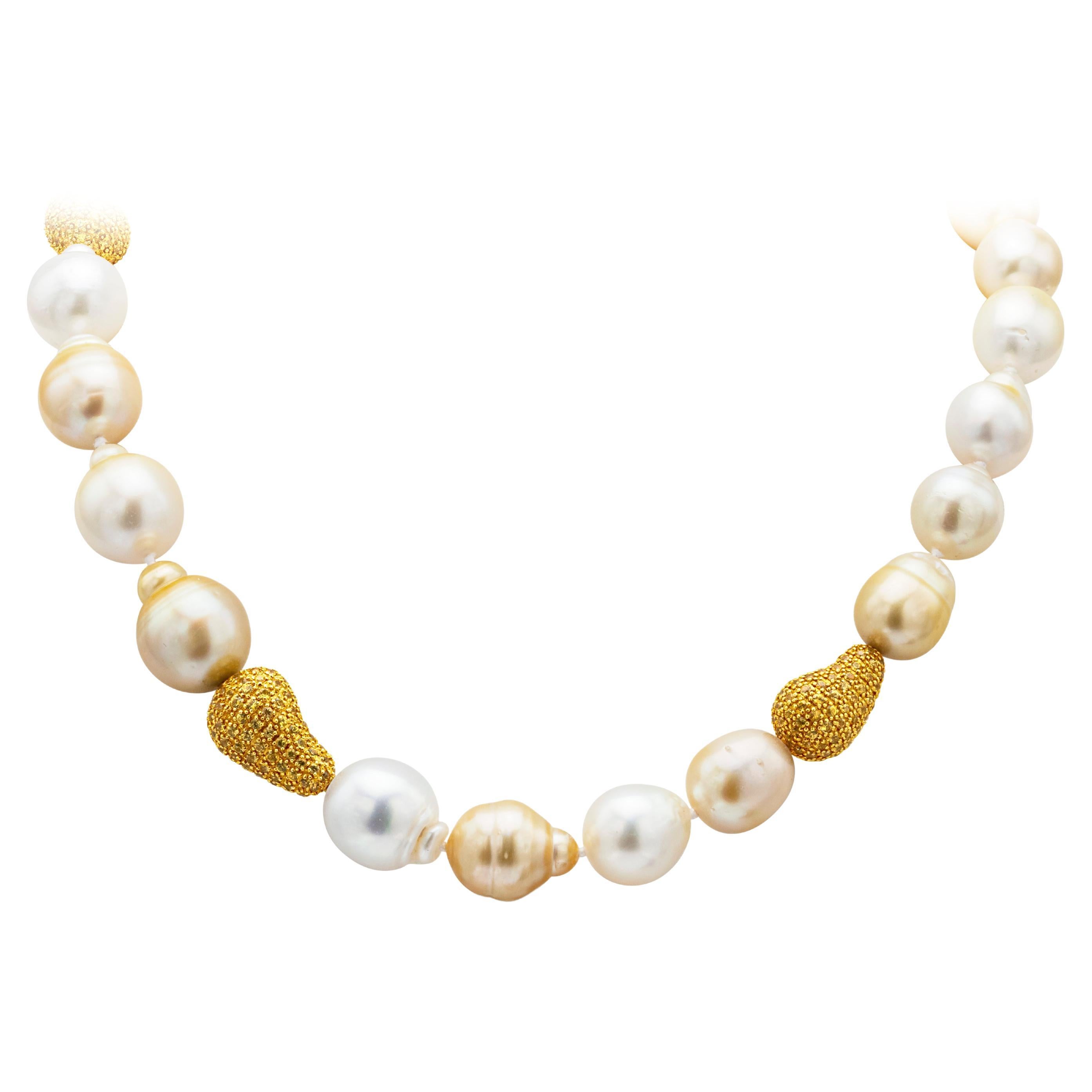Golden and White South Sea Baroque Pearls and Yellow Sapphire Necklace For Sale