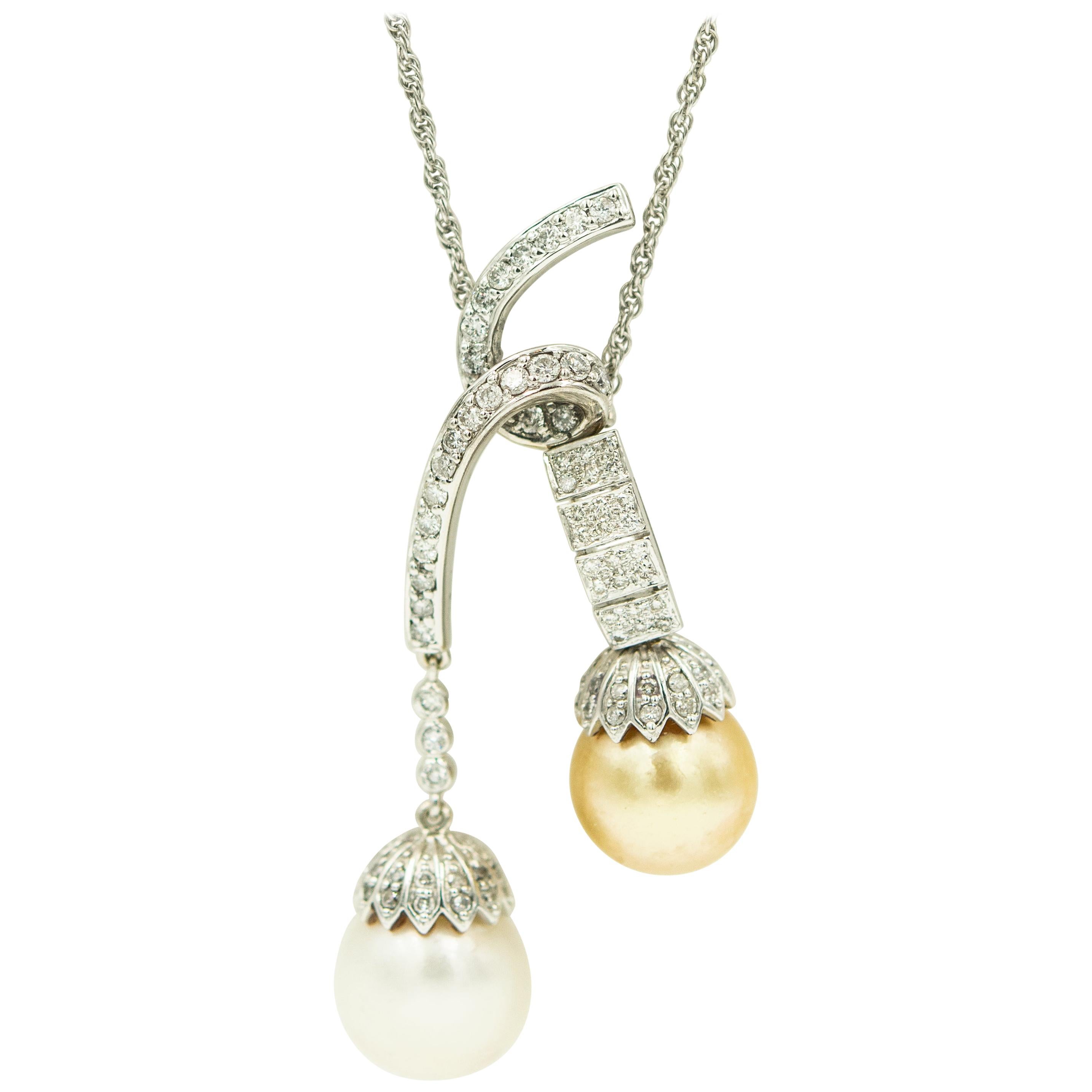 Golden and White South Sea Pearl Drop Diamond White Gold Negligee Necklace