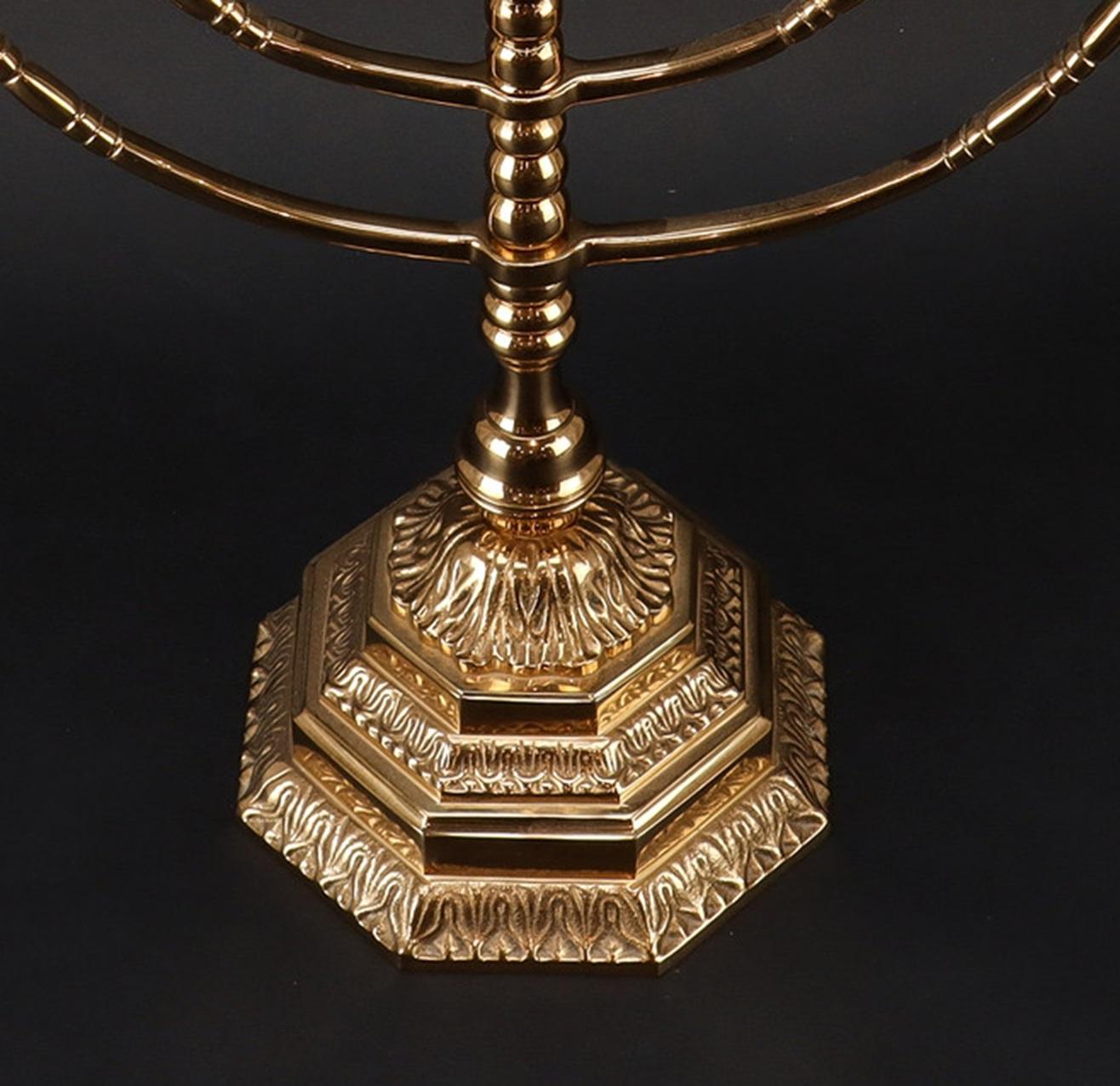 Swedish Antique Candelabras Brutalist Menorah Jewish Judaica Golden Candle Holders Brass For Sale