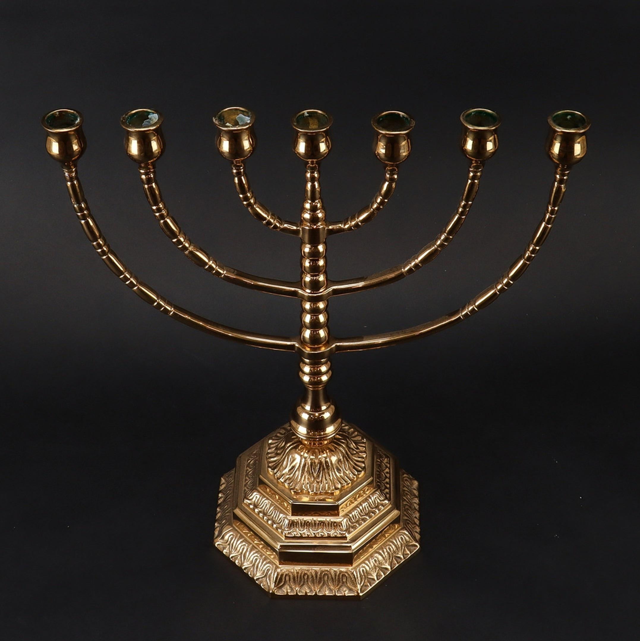 Antique Candelabras Brutalist Menorah Jewish Judaica Golden Candle Holders Brass In Excellent Condition For Sale In Hampshire, GB