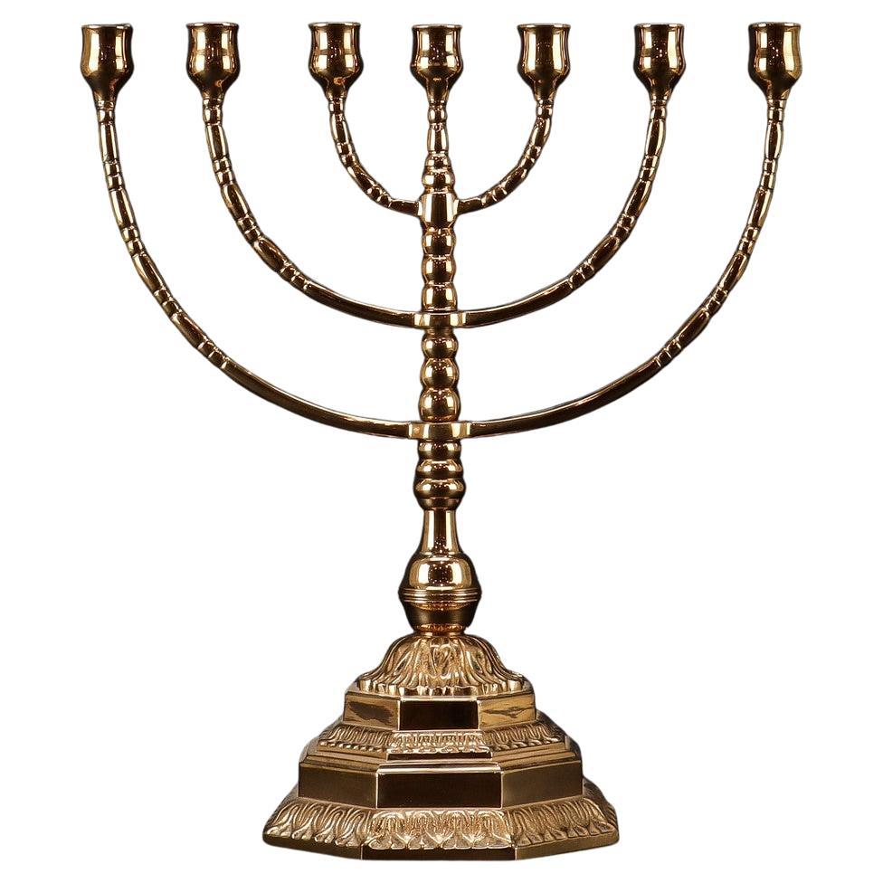 Antique Candelabras Brutalist Menorah Jewish Judaica Golden Candle Holders Brass For Sale