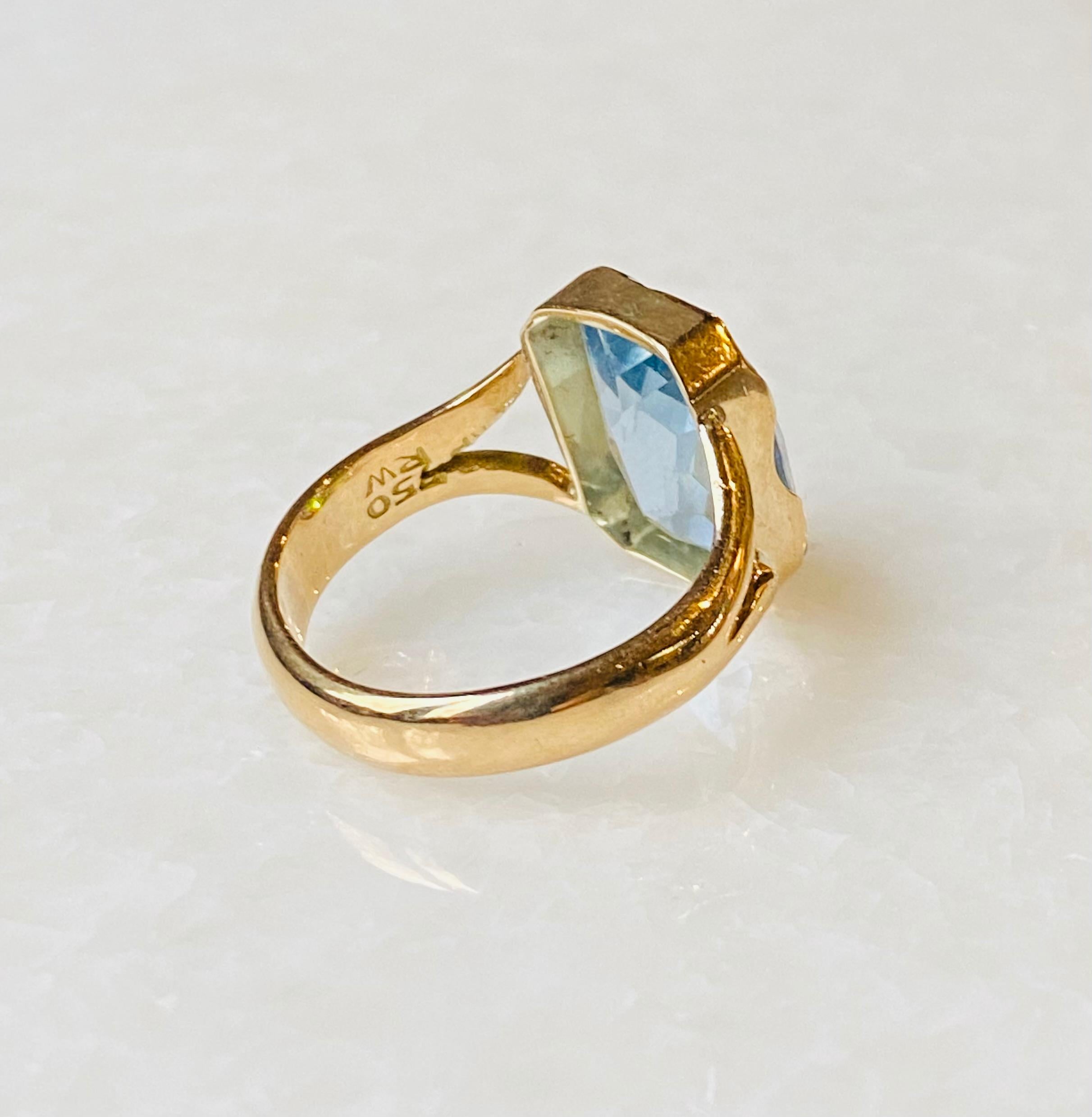 Antique 18 carat yellow golden ring, 8 sides faceted aquamarine of 7.6 carat In Good Condition In Heemstede, NL