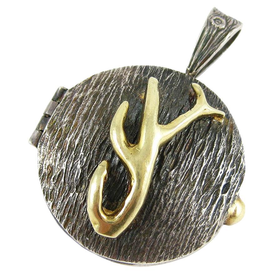 18k Gold Antler on Silver Locket with Hidden Spinels  For Sale