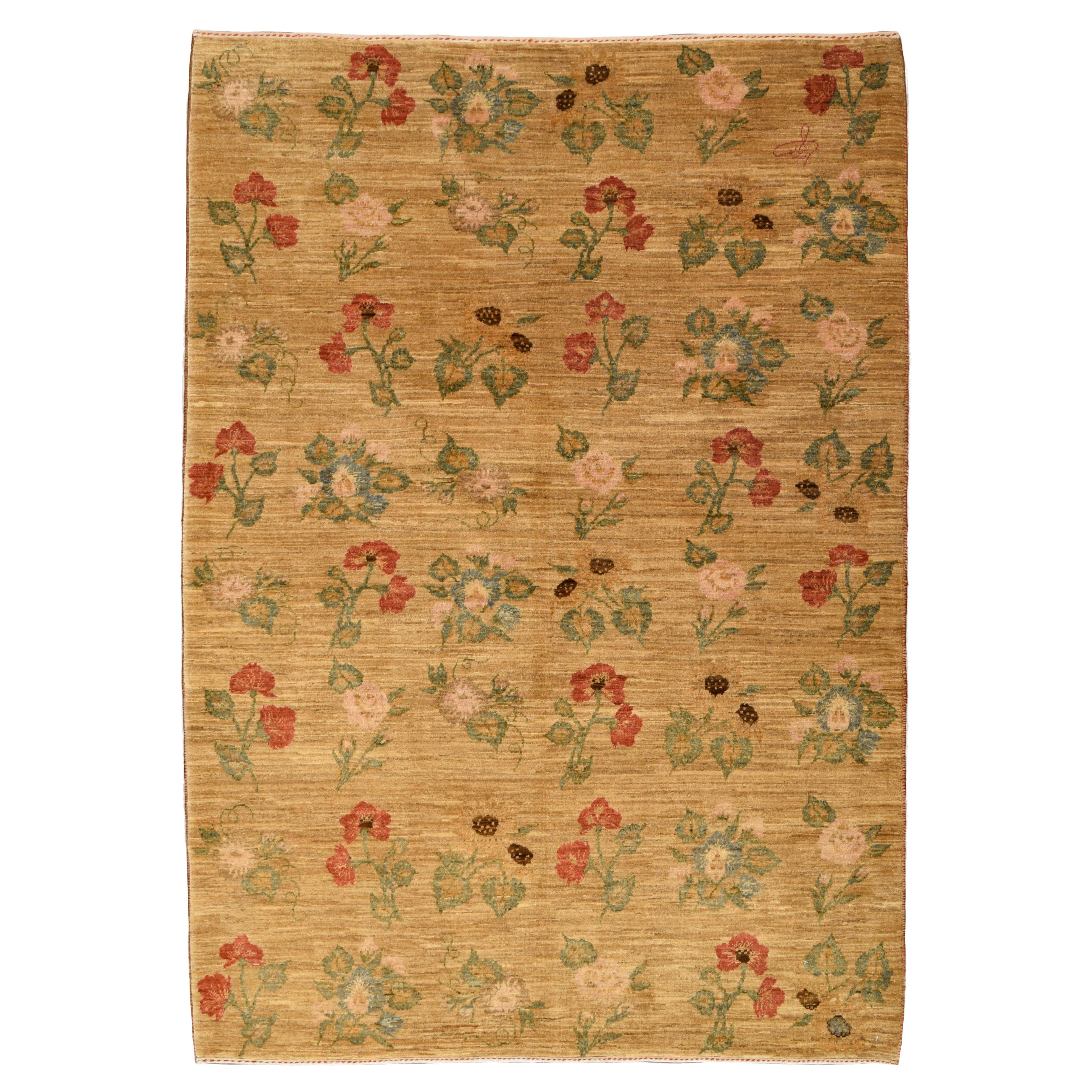 Golden Arts and Crafts Floral Teppich, organische pflanzengefärbte Wolle, 4′ × 6′ im Angebot