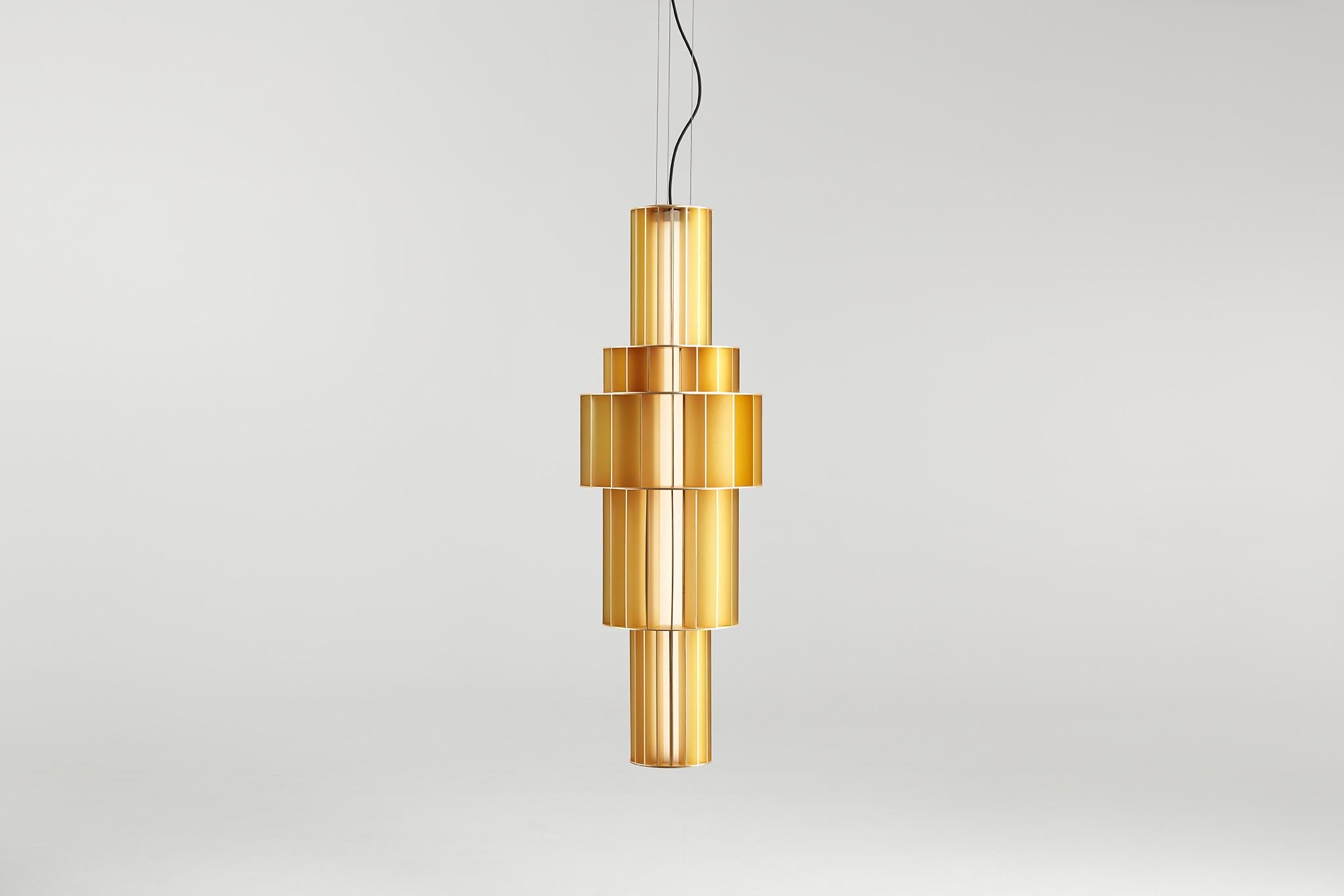 Golden Babel T GR Pendant Lamp by Parachilna
Dimensions: D 40 x H 120 cm. 
Materials: Aluminum structure.
Weight: 20.8 kg

Suspended lamp built using aluminum structures of different heights and diameters. Structures and colors can be combined
