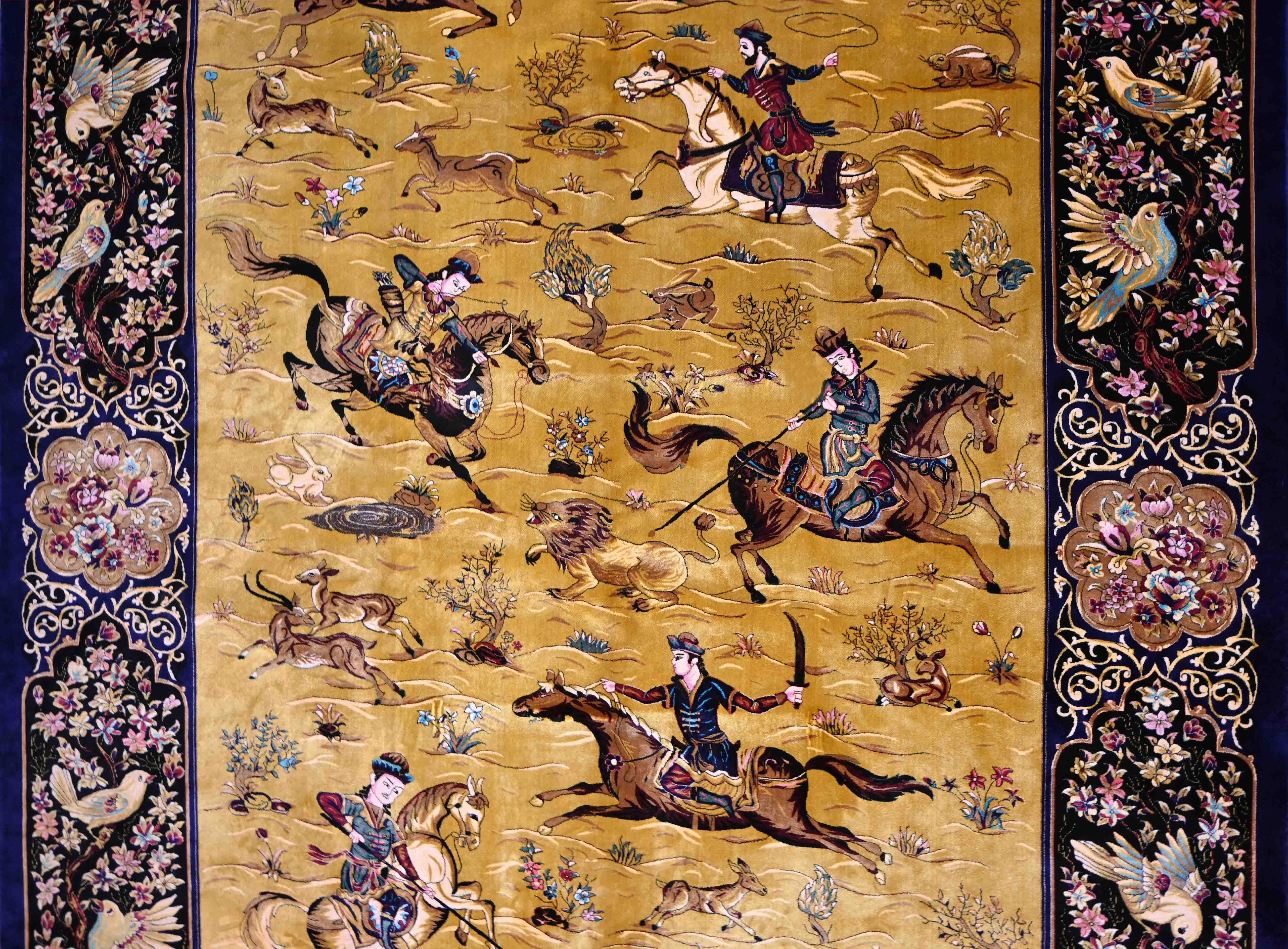 Central Asian Golden Background Silk Carpet - Wild Animal Hunting Decor- Art Safavides N° 1368 For Sale