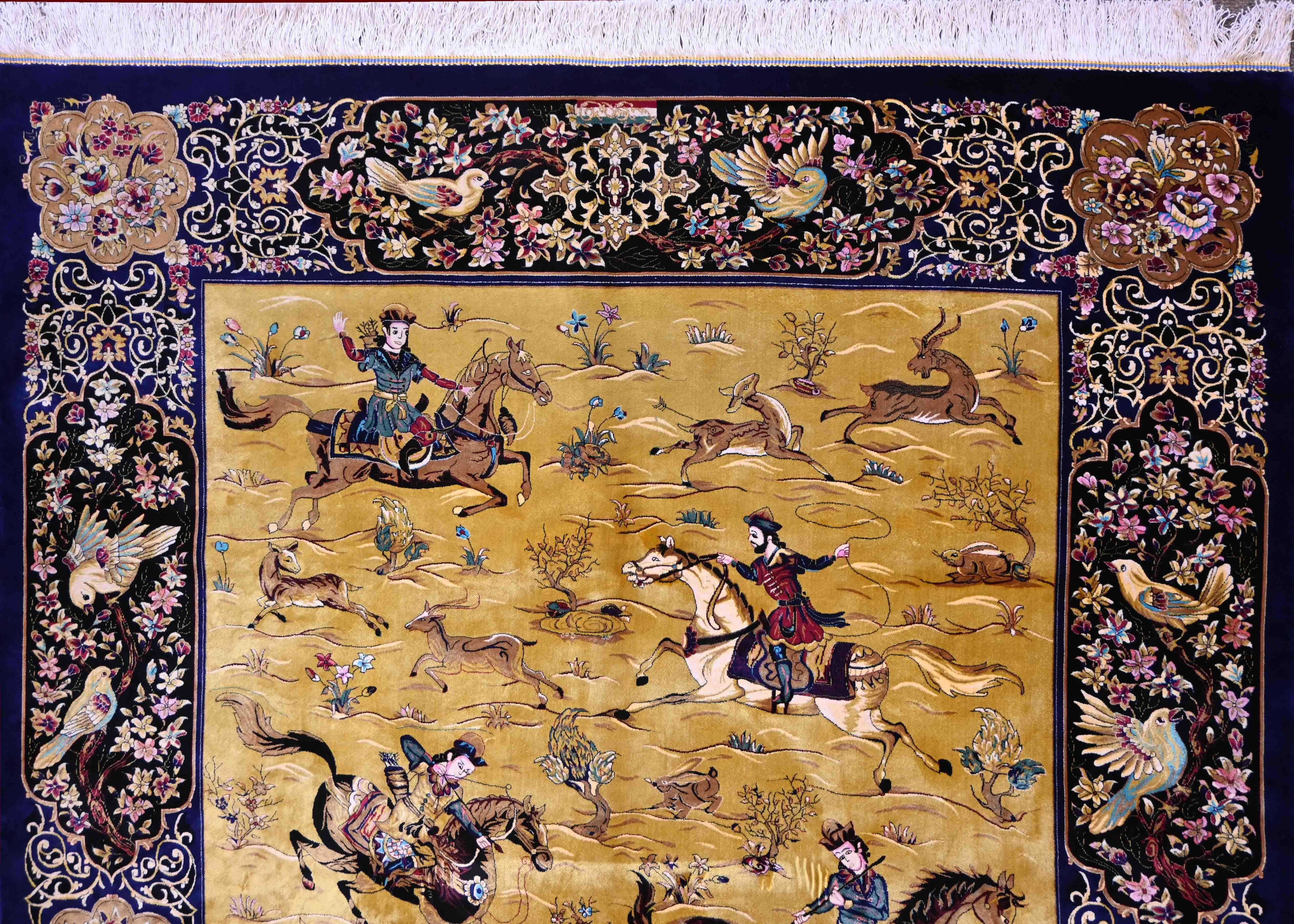Hand-Woven Golden Background Silk Carpet - Wild Animal Hunting Decor- Art Safavides N° 1368 For Sale