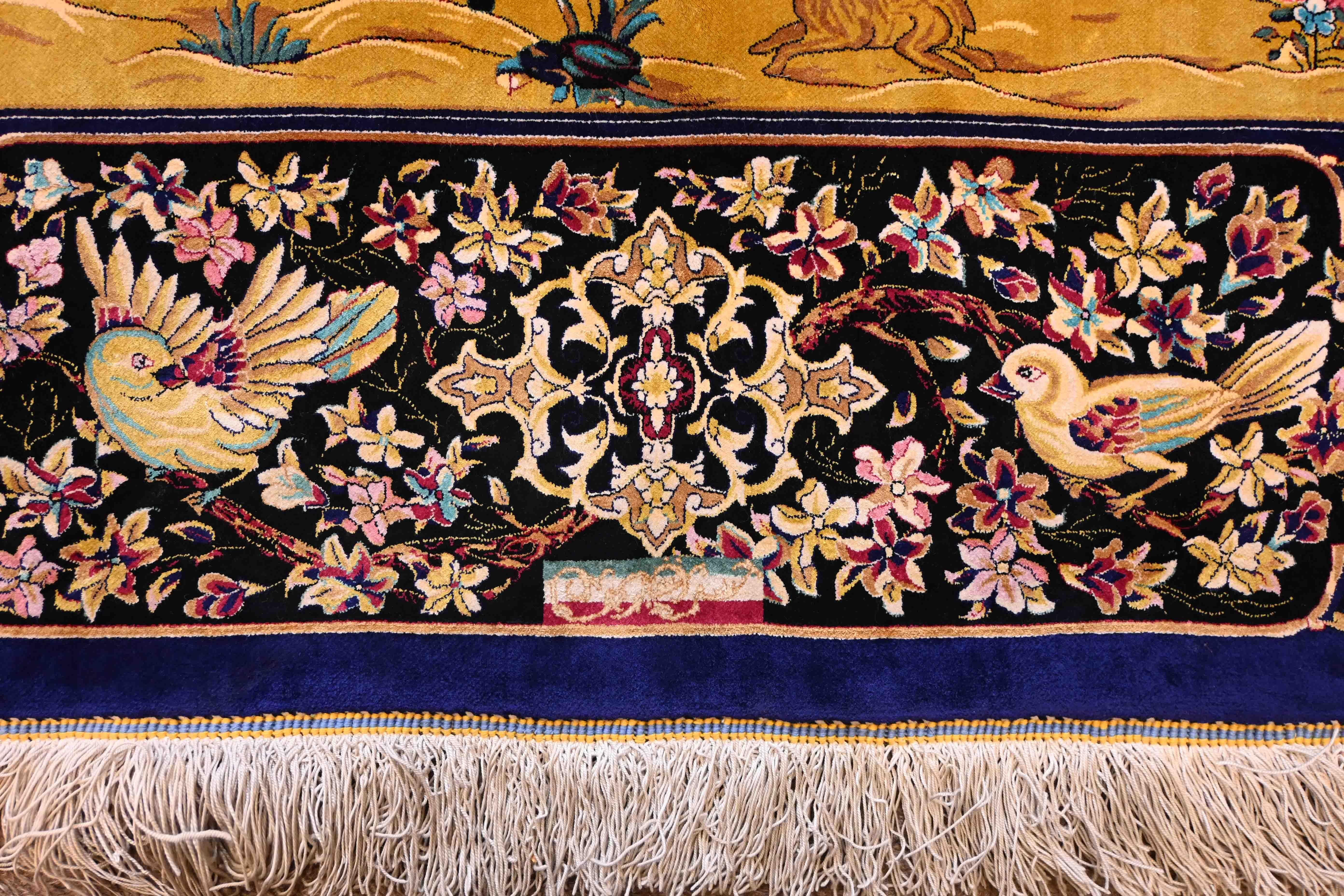 Golden Background Silk Carpet - Wild Animal Hunting Decor- Art Safavides N° 1368 For Sale 1