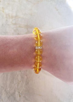 Golden Baltic Amber and Swarovski Crystal 10mm Round Beaded Stretch Bracelet