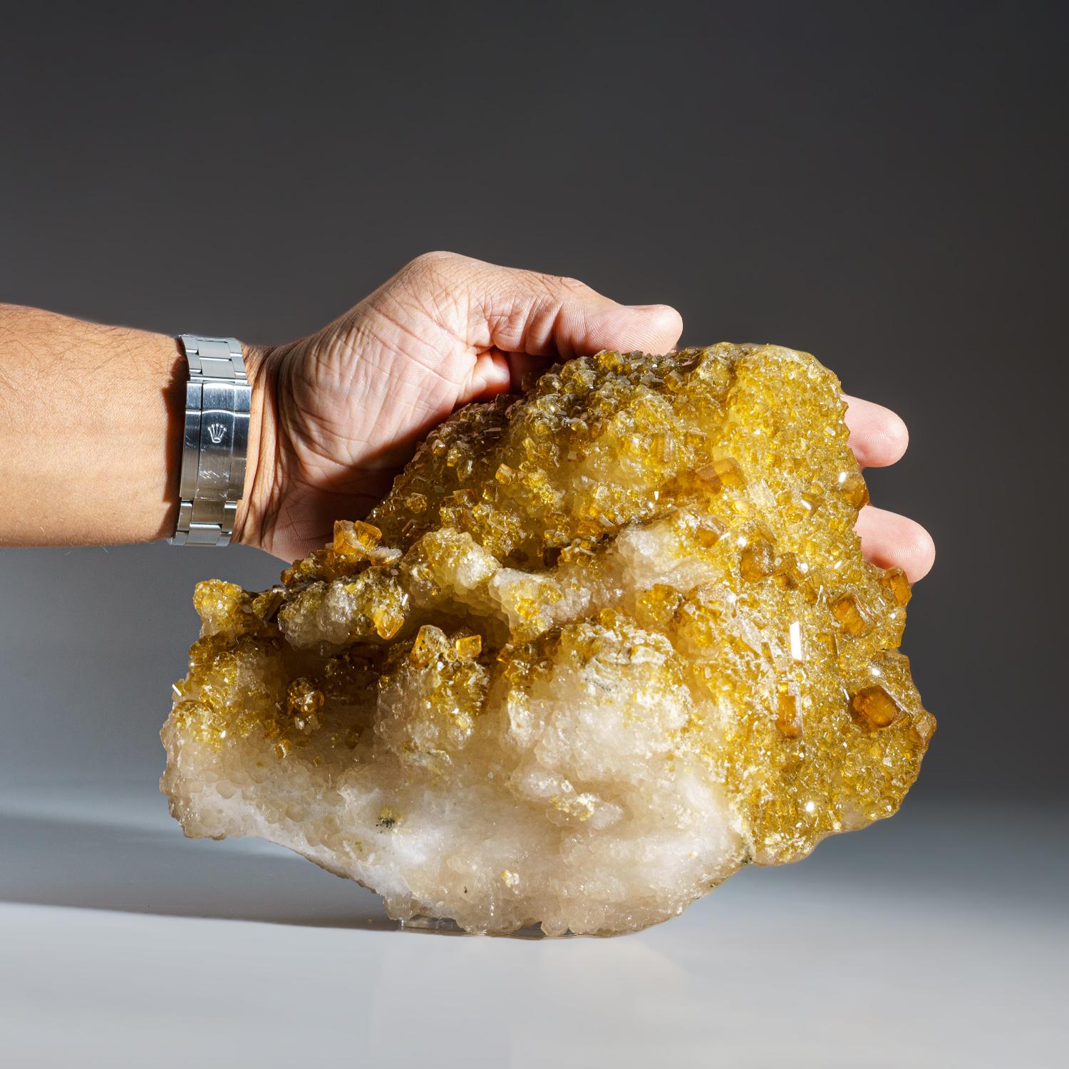 From Eagle Mine, Colorodo

Large sparkling cluster of golden-yellow barite crystals to covers all sides, with minimal attachment point on matrix.

 

Weight: 6.8 lbs, Dimensions: 8 x 4 x 6 inches