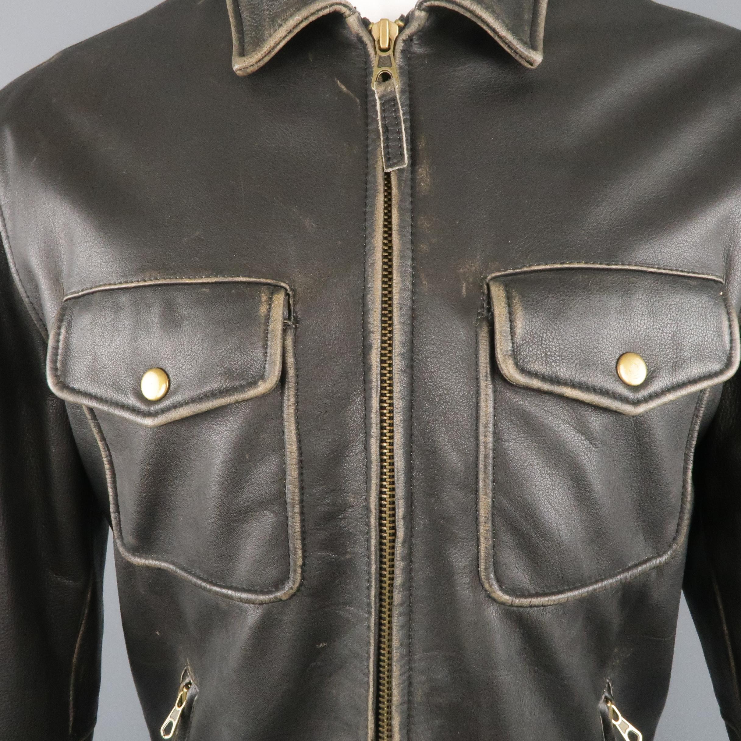 Black GOLDEN BEAR 42 Dark Brown Distressed Leather Snap Pocket Jacket