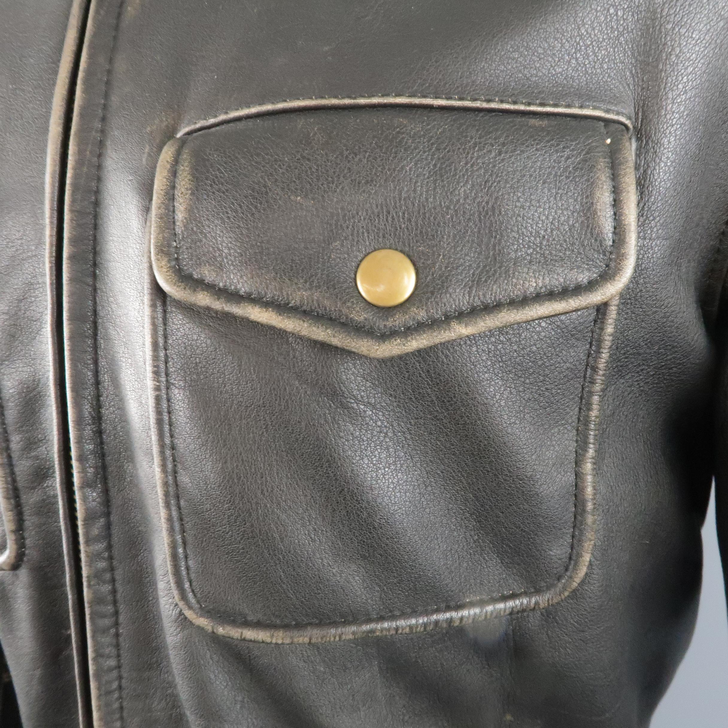 GOLDEN BEAR 42 Dark Brown Distressed Leather Snap Pocket Jacket In Excellent Condition In San Francisco, CA
