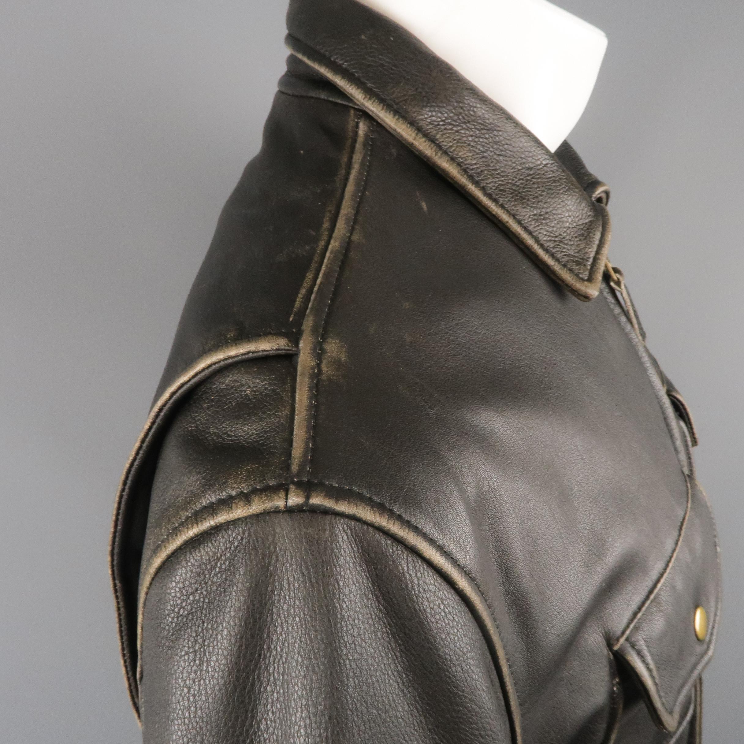 GOLDEN BEAR 42 Dark Brown Distressed Leather Snap Pocket Jacket 1