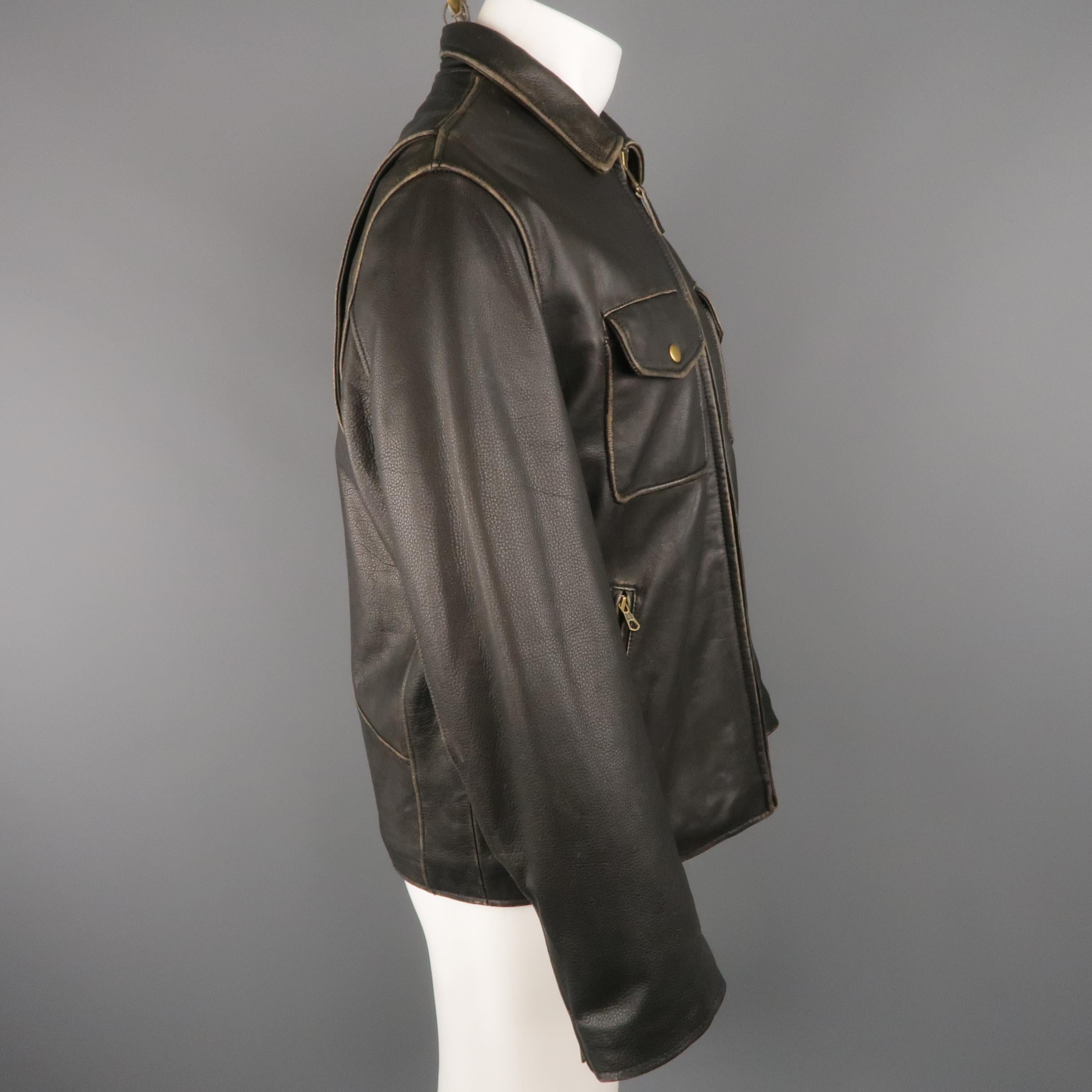 GOLDEN BEAR 42 Dark Brown Distressed Leather Snap Pocket Jacket 2