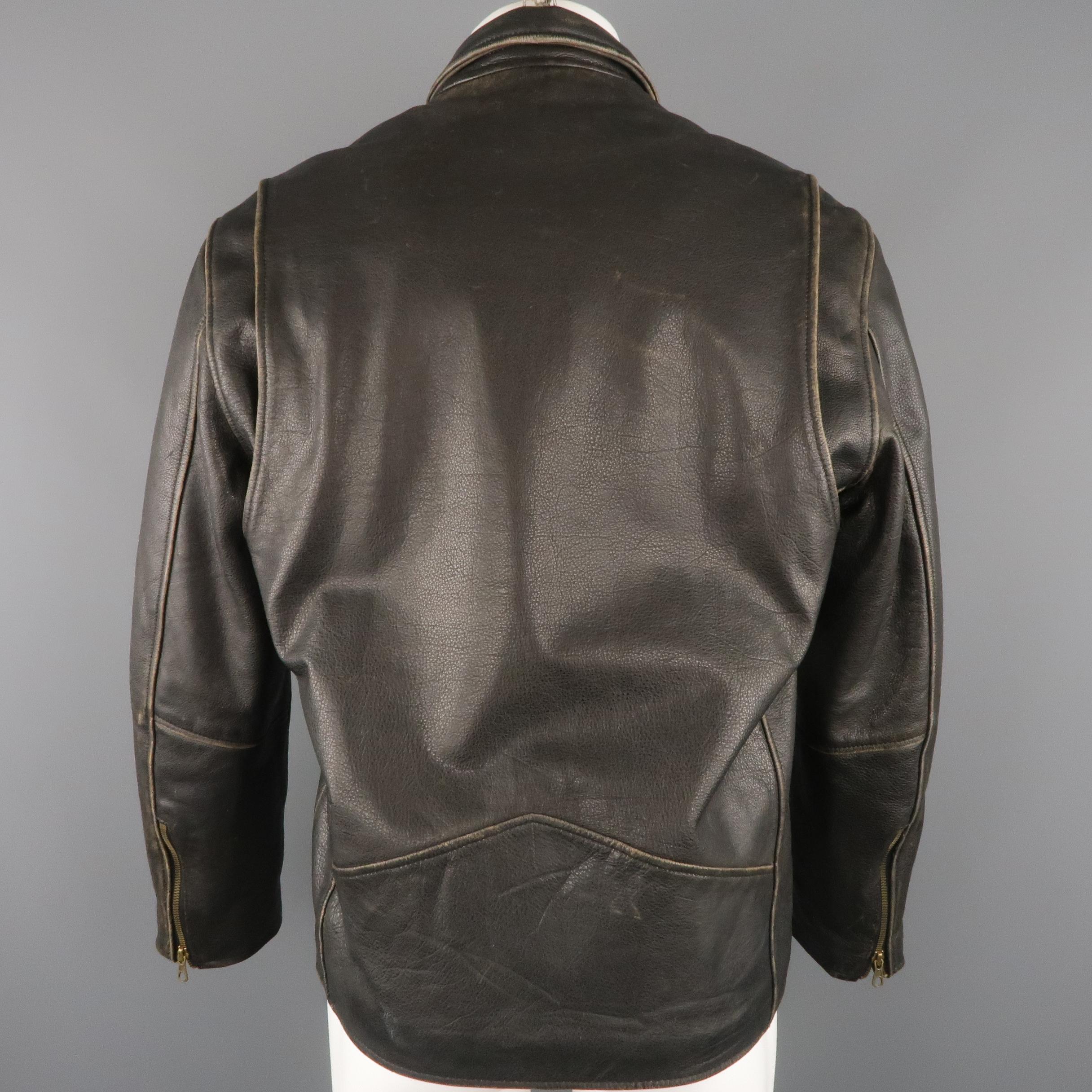 GOLDEN BEAR 42 Dark Brown Distressed Leather Snap Pocket Jacket 3