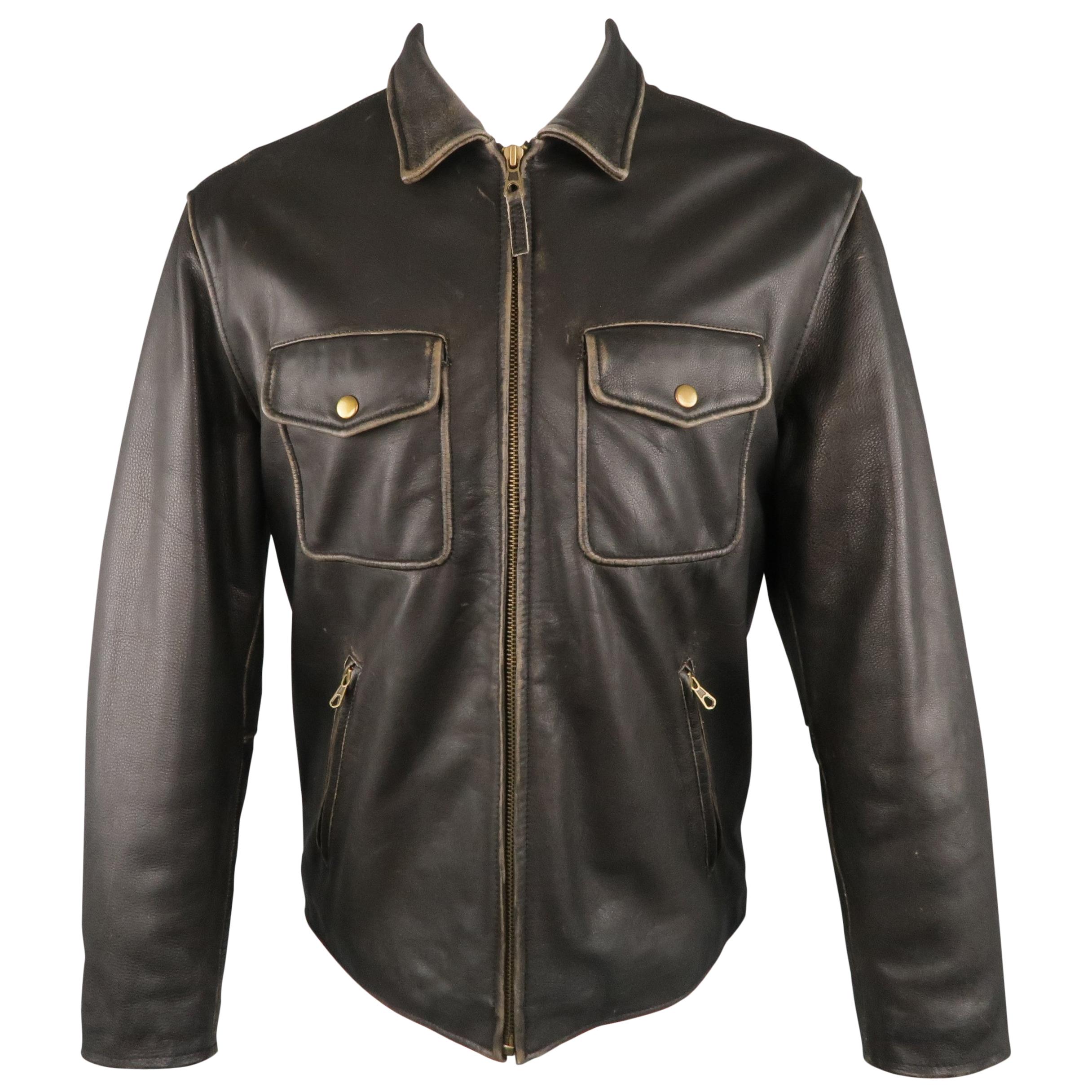 GOLDEN BEAR 42 Dark Brown Distressed Leather Snap Pocket Jacket