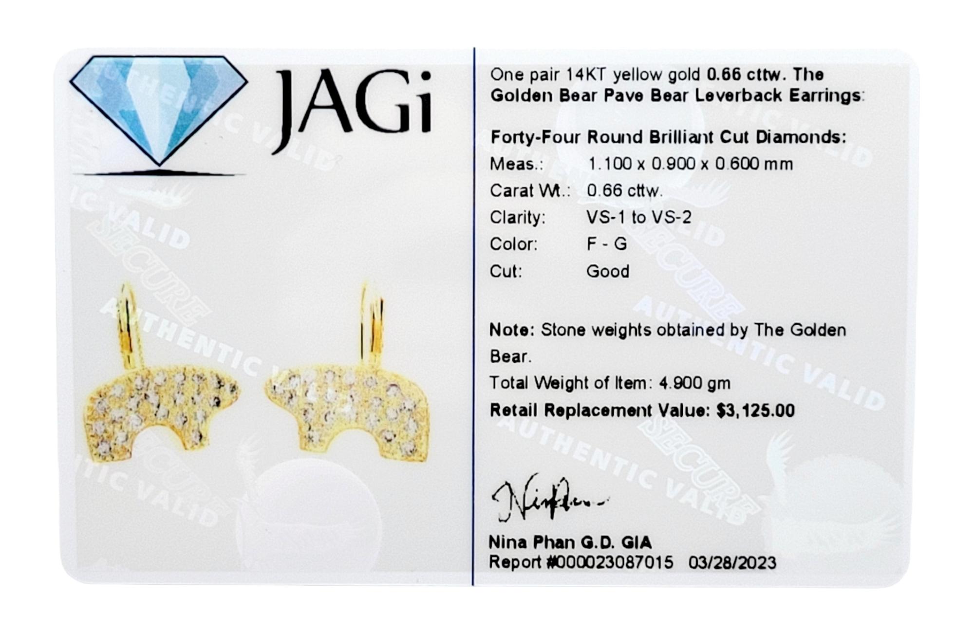 Golden Bear Pave Diamond Bear Leverback Earrings in 14 Karat Yellow Gold 7