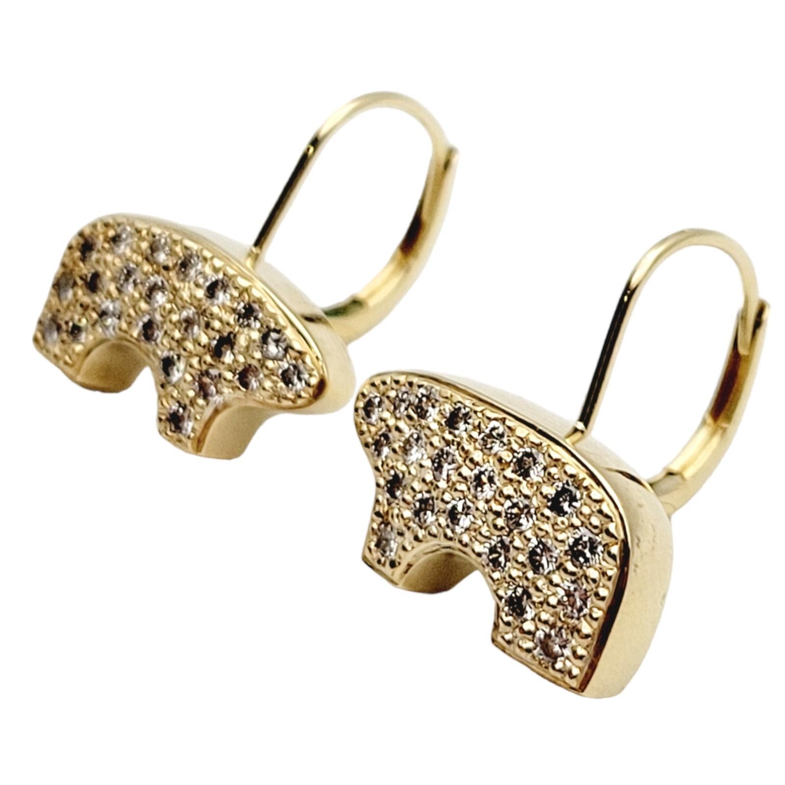 Contemporary Golden Bear Pave Diamond Bear Leverback Earrings in 14 Karat Yellow Gold