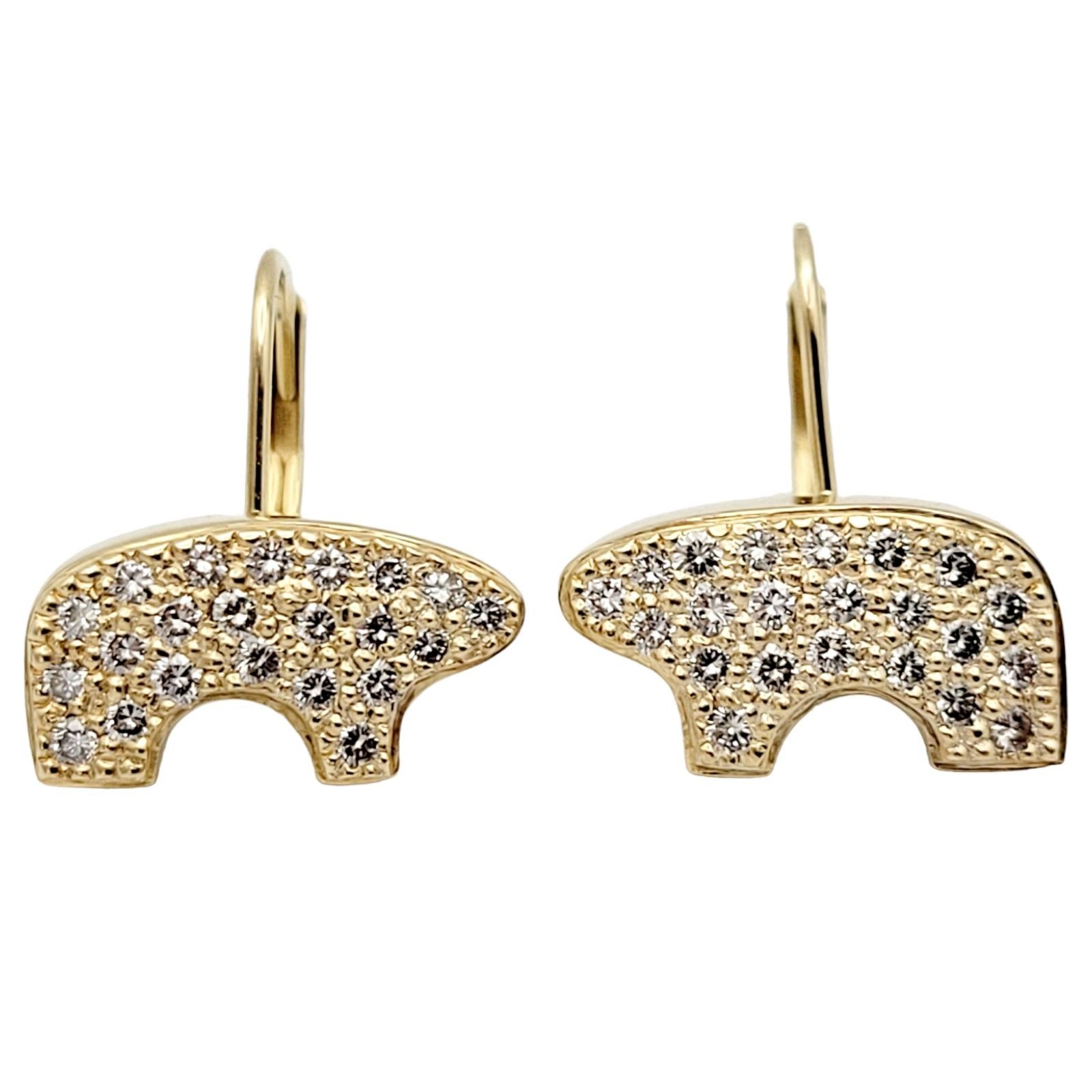 Women's Golden Bear Pave Diamond Bear Leverback Earrings in 14 Karat Yellow Gold