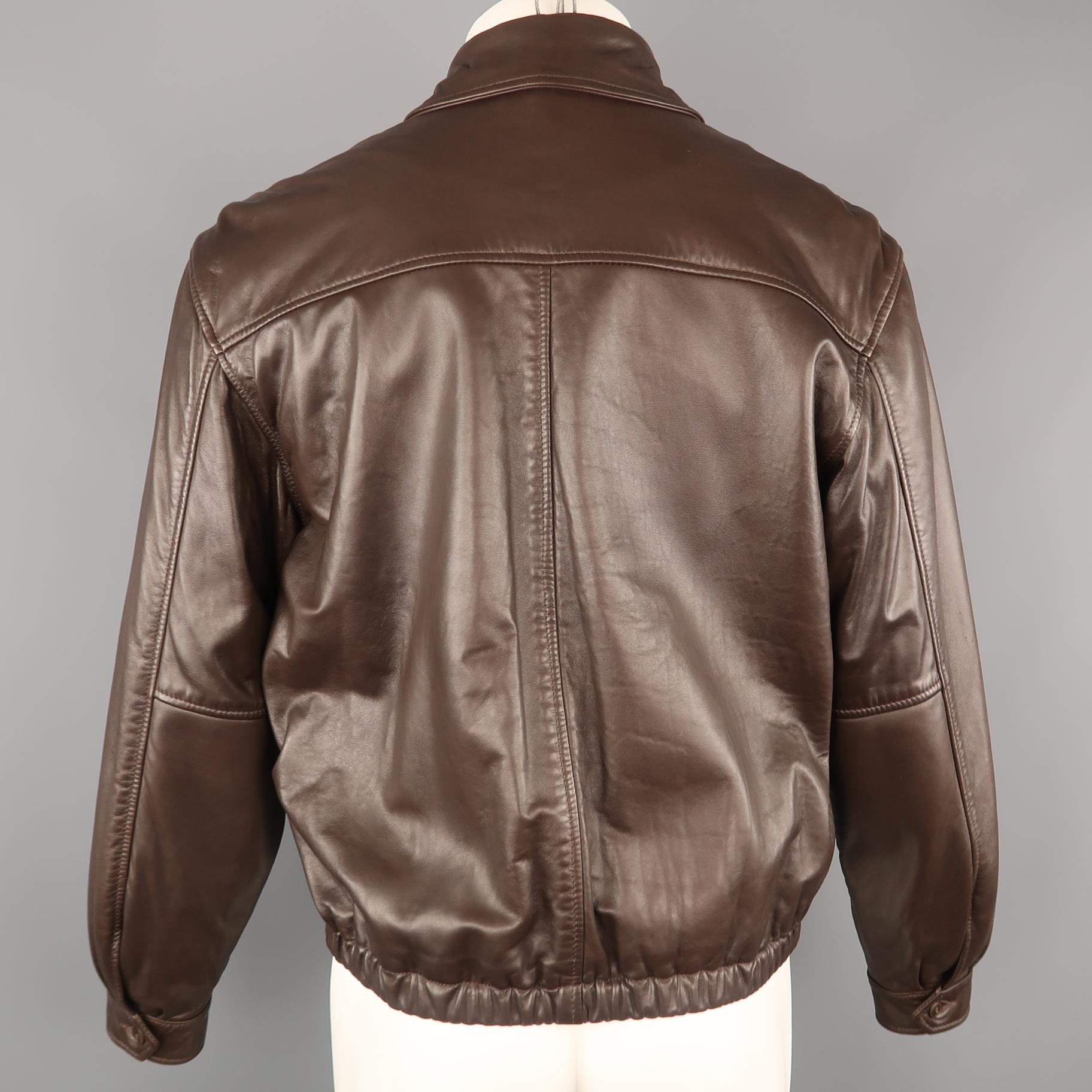 GOLDEN BEAR S Brown Solid Leather Zip Up Collared Bomber Jacket In Excellent Condition In San Francisco, CA