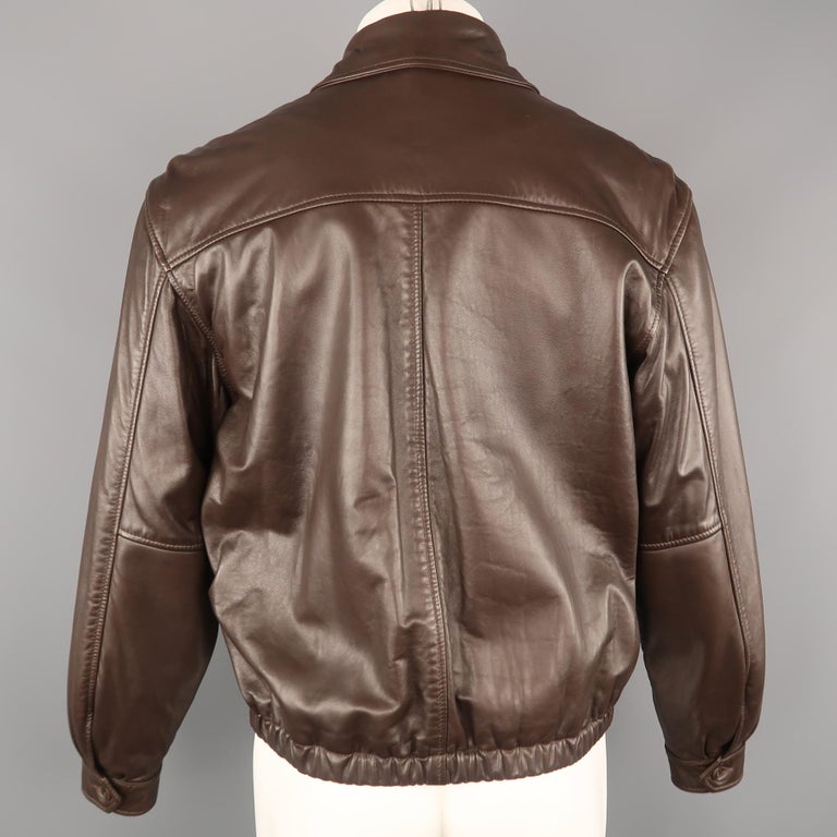 GOLDEN BEAR S Brown Solid Leather Zip Up Collared Bomber Jacket at 1stDibs
