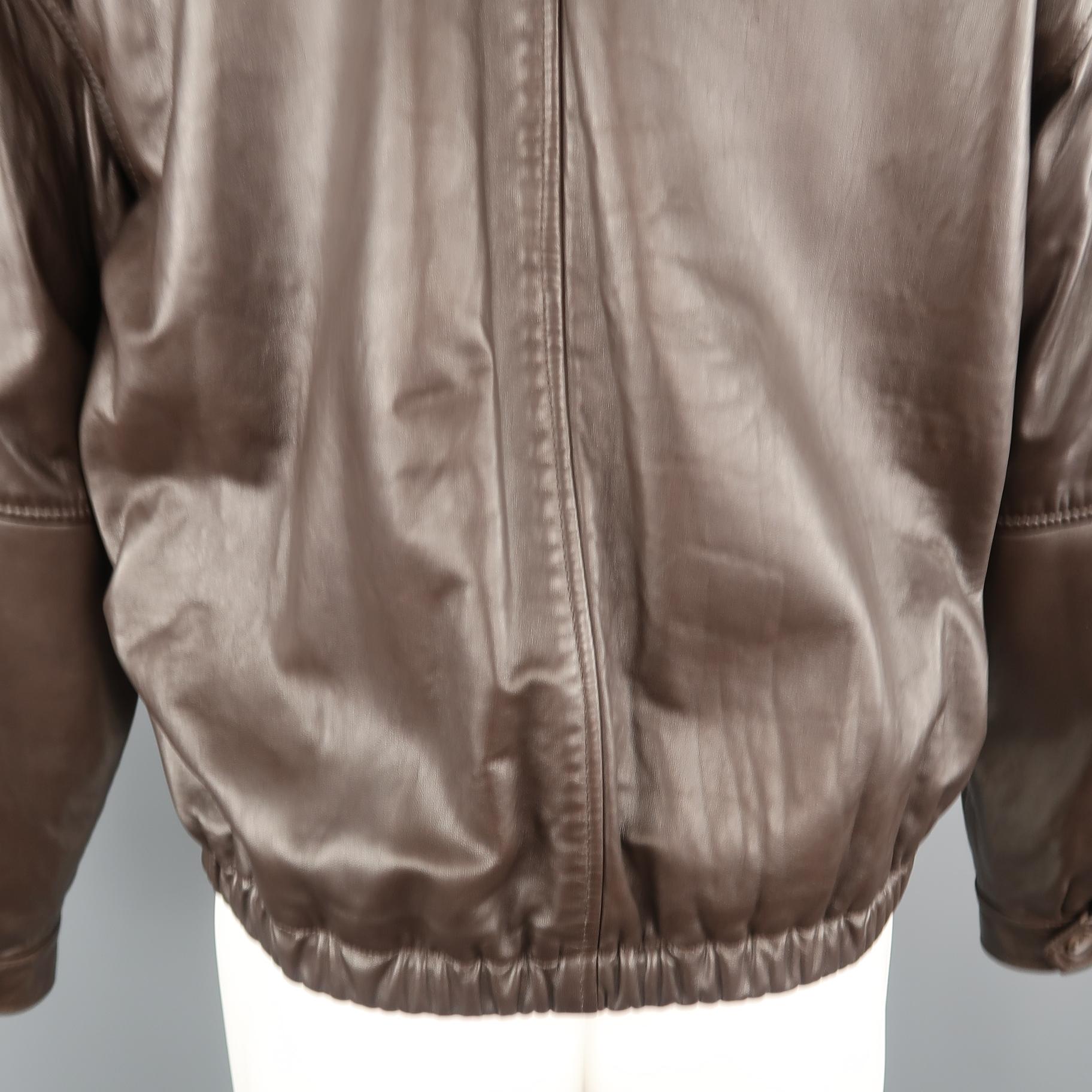 Men's GOLDEN BEAR S Brown Solid Leather Zip Up Collared Bomber Jacket