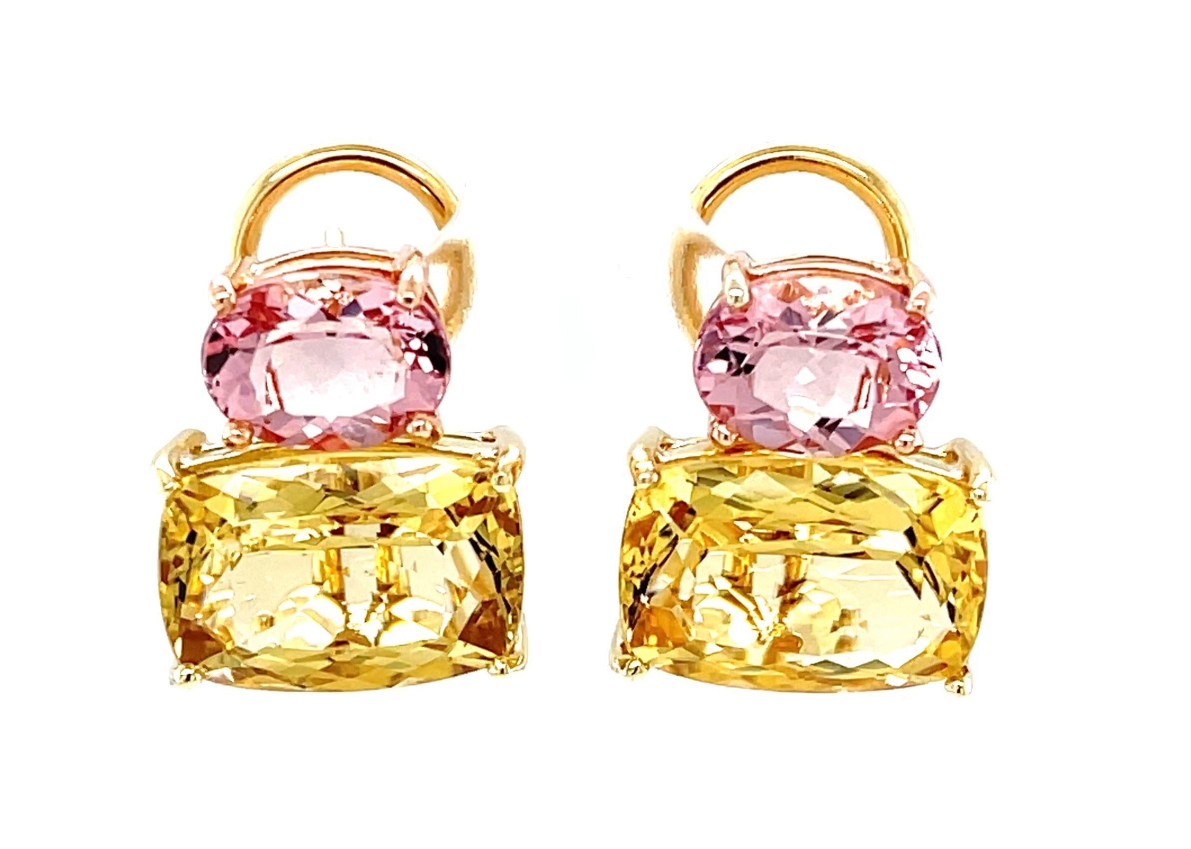 Diese einzigartigen Edelsteinohrringe sind ein einzigartiges Paar aus einem leuchtenden goldenen Beryll und einem funkelnden rosa Morganit, gefasst in 18 Karat Gelb- und Roségold! Diese ungewöhnlichen Edelsteine sind farbenfrohe Varietäten des