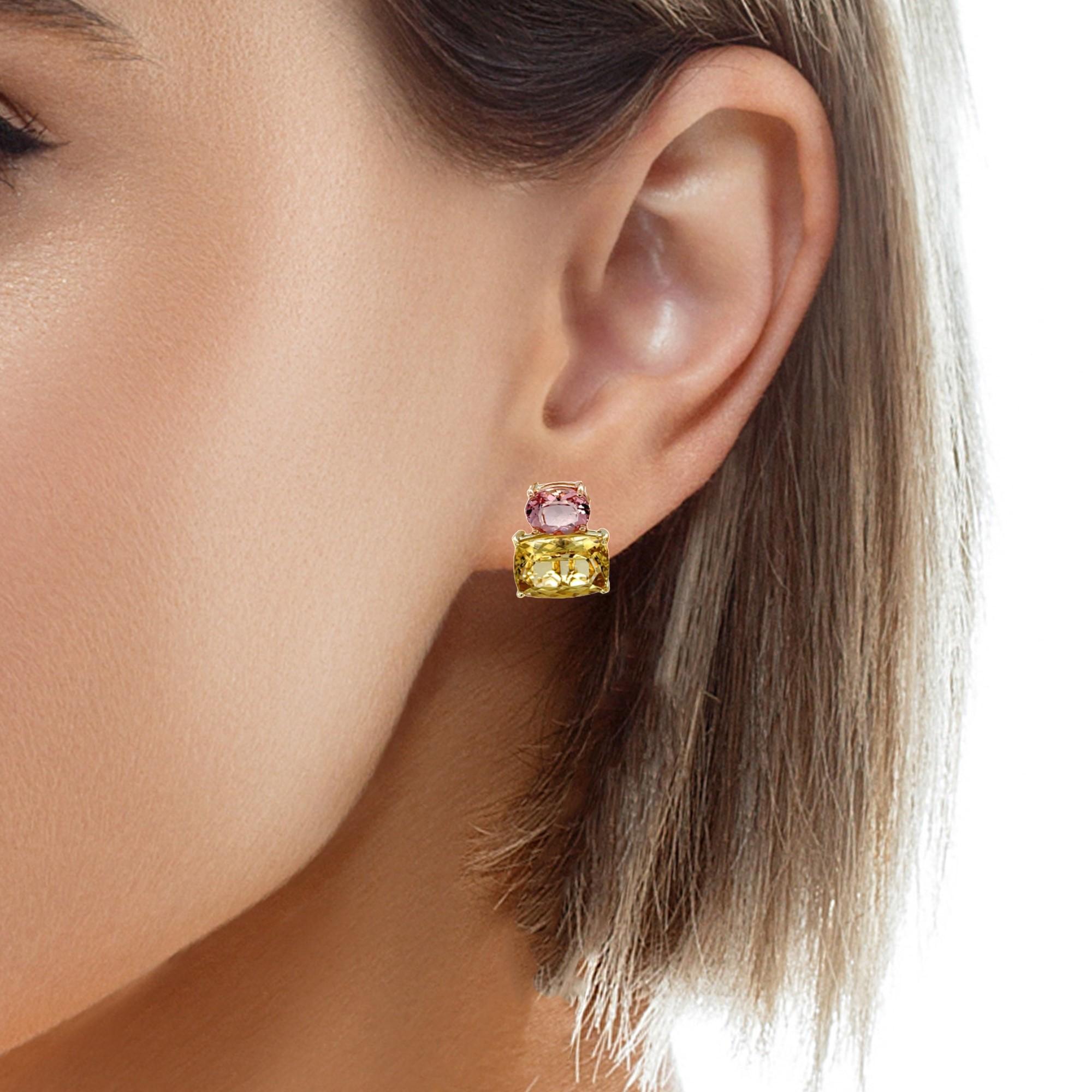 Women's Golden Beryl and Morganite Earrings in 18k Yellow Gold with French Clip Backs  For Sale