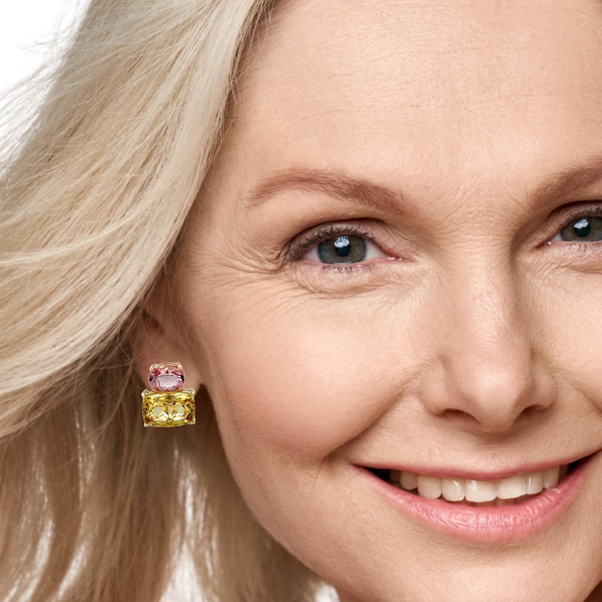 Golden Beryl and Morganite Earrings in 18k Yellow Gold with French Clip Backs For Sale 1