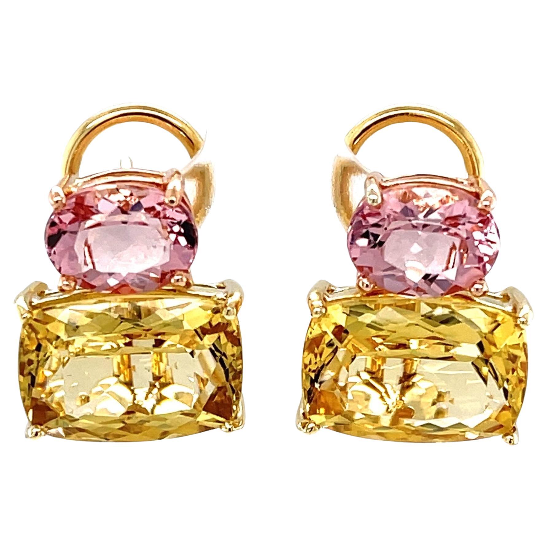 Golden Beryl and Morganite Earrings in 18k Yellow Gold with French Clip Backs 
