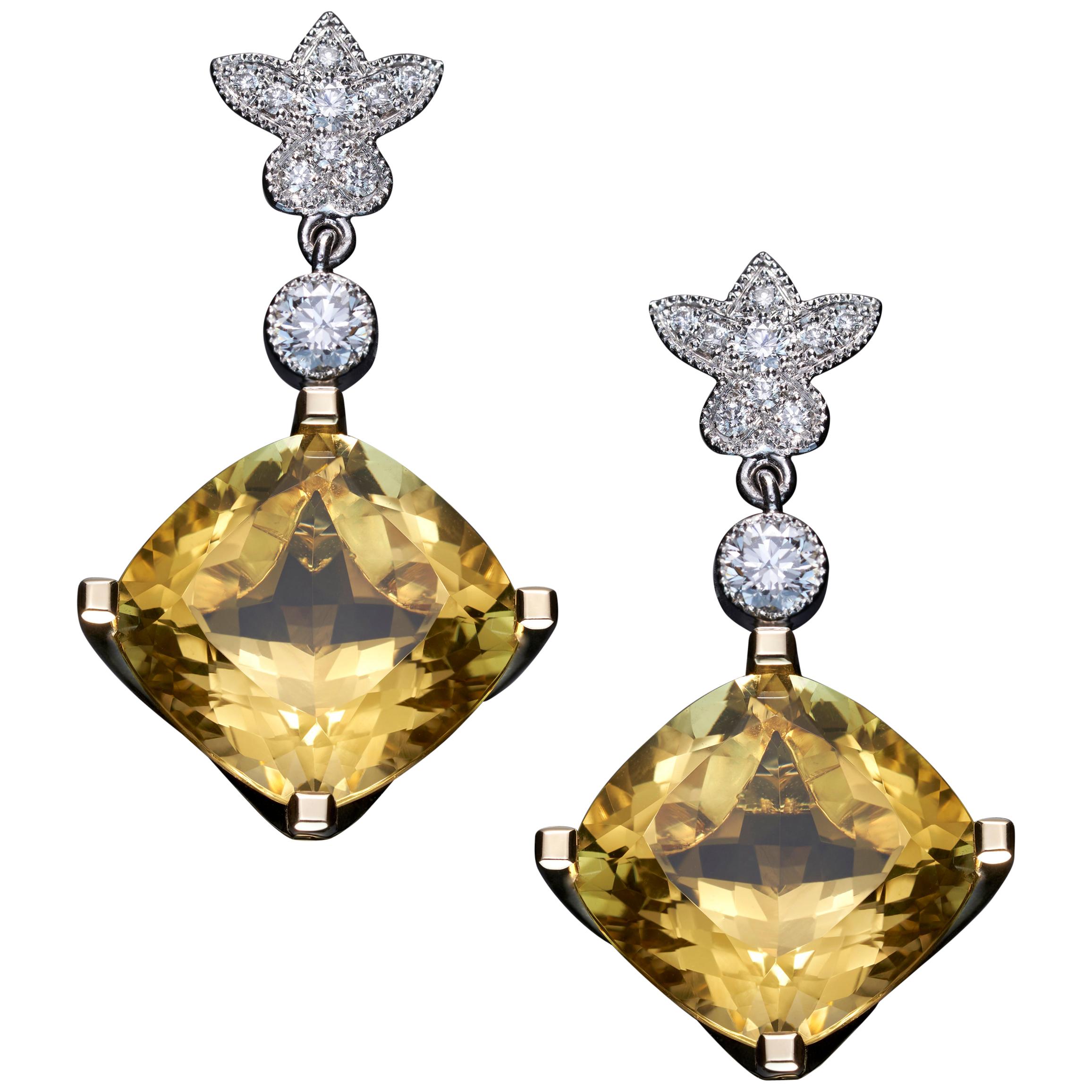 Golden Beryl and Platinum Drop Earrings For Sale