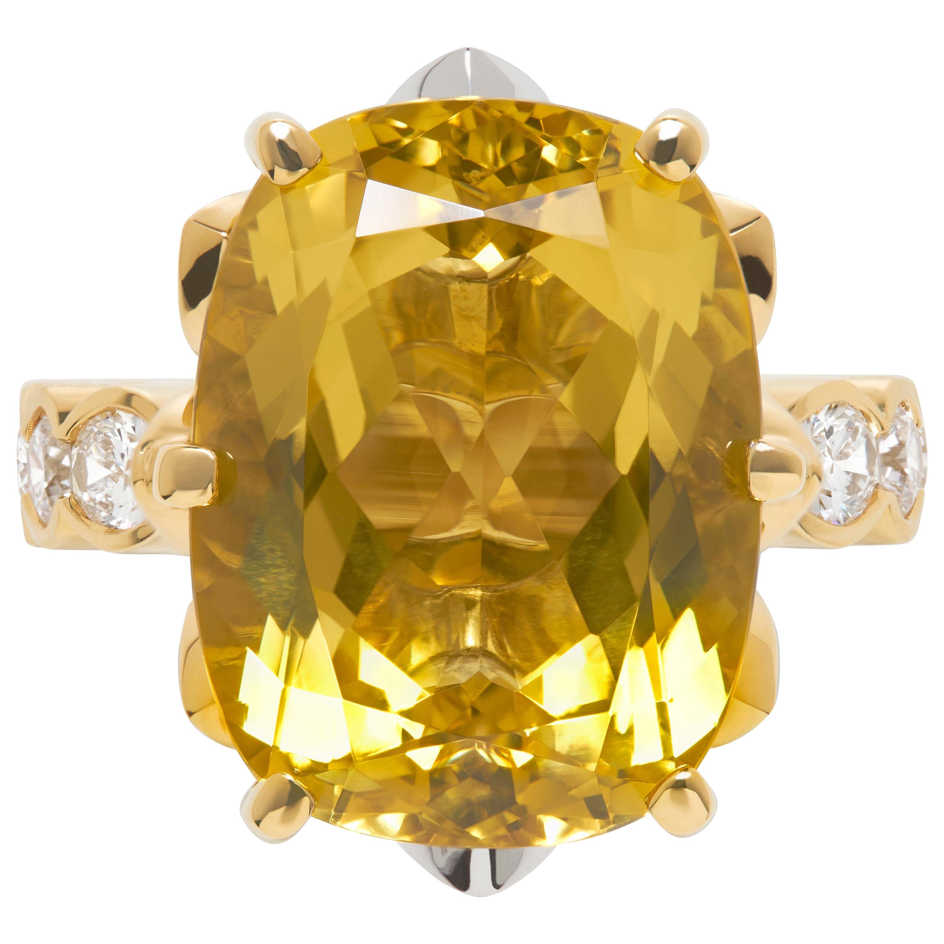 Cocktail-Verlobungsring aus 18 Karat Gold mit goldenem Beryll und weißem Diamant