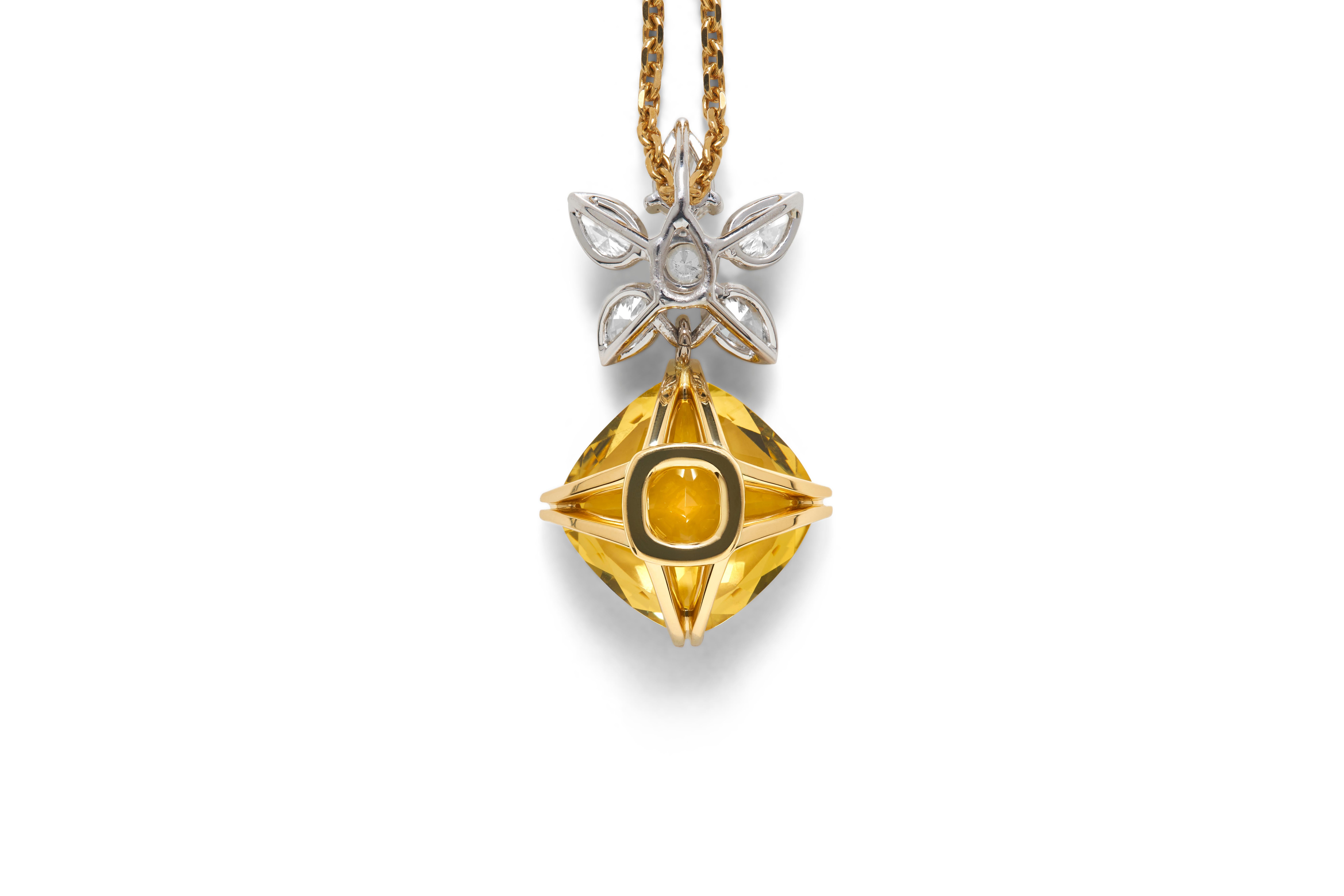 18 carat Gold Golden Beryl and White Diamond Pendant Necklace

Blossom Collection Golden Beryl and Diamond Pendant. The Blossom Collection gemstones are a uniquely designed cushion cut, featuring a high table to emulate the antique Georgian style