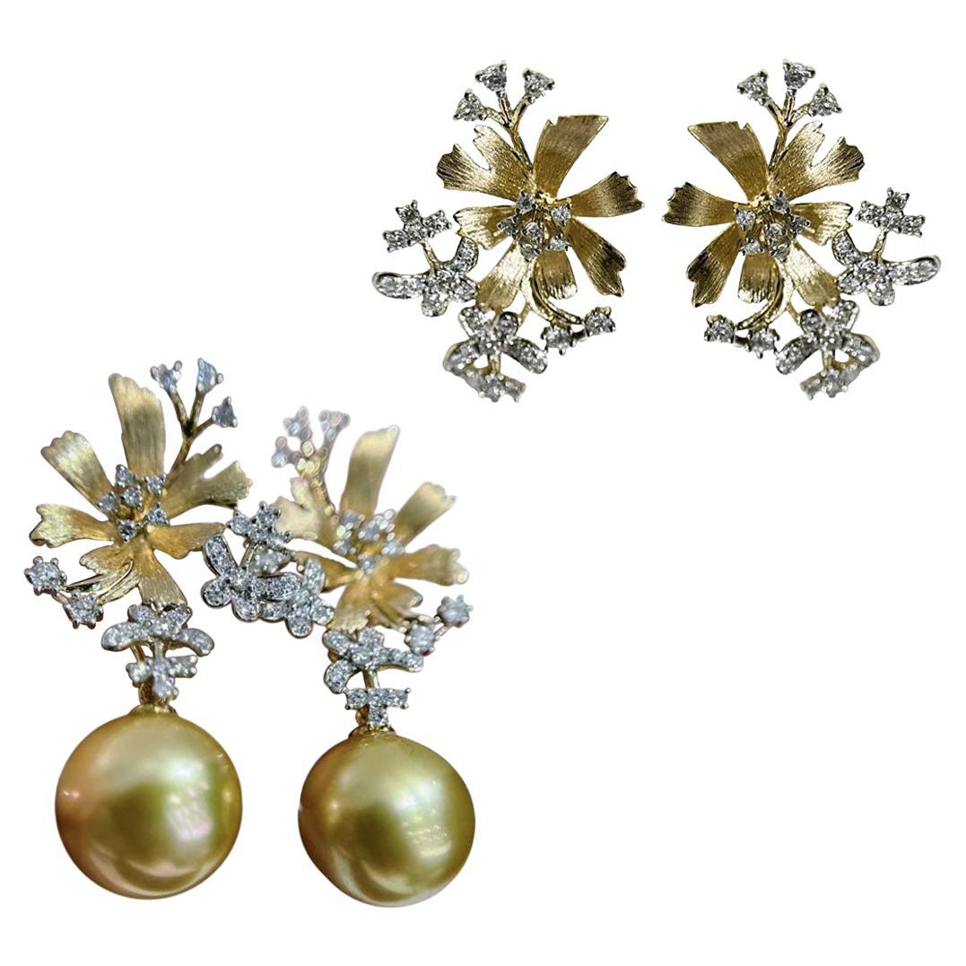 【Vine Symphony】Golden Bloom South Sea Pearl Diamond Convertible Earrings For Sale