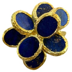 Golden Blossom: 18K Yellow Gold Matte Lapis Flower Design Ring