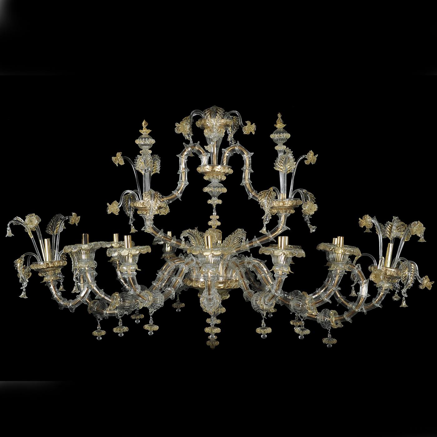This boat-shaped, XVII century Rezzonico-style chandelier is an utterly precious design piece of bold visual impact. Exquisitely refined in its choice of shapes and finishes, it is masterfully handcrafted of mouth-clown Murano glass by expert