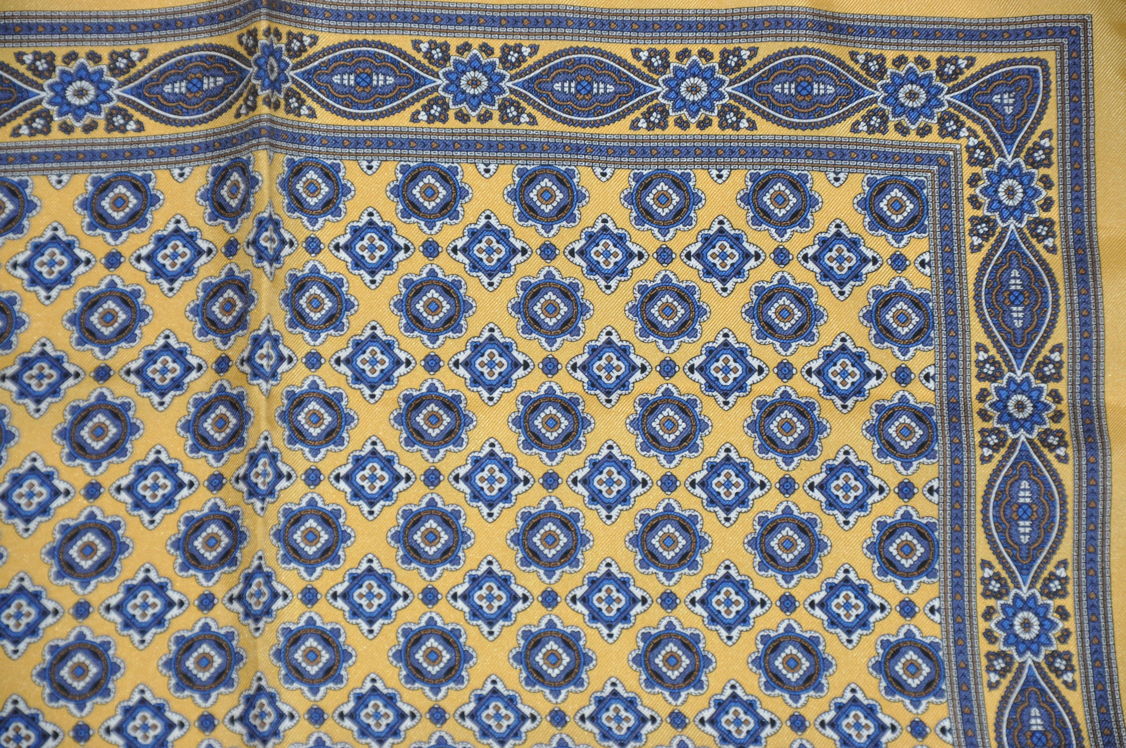 Brown Golden Border with Majestic Multi-Blue Center Men's Silk Handkerchief For Sale