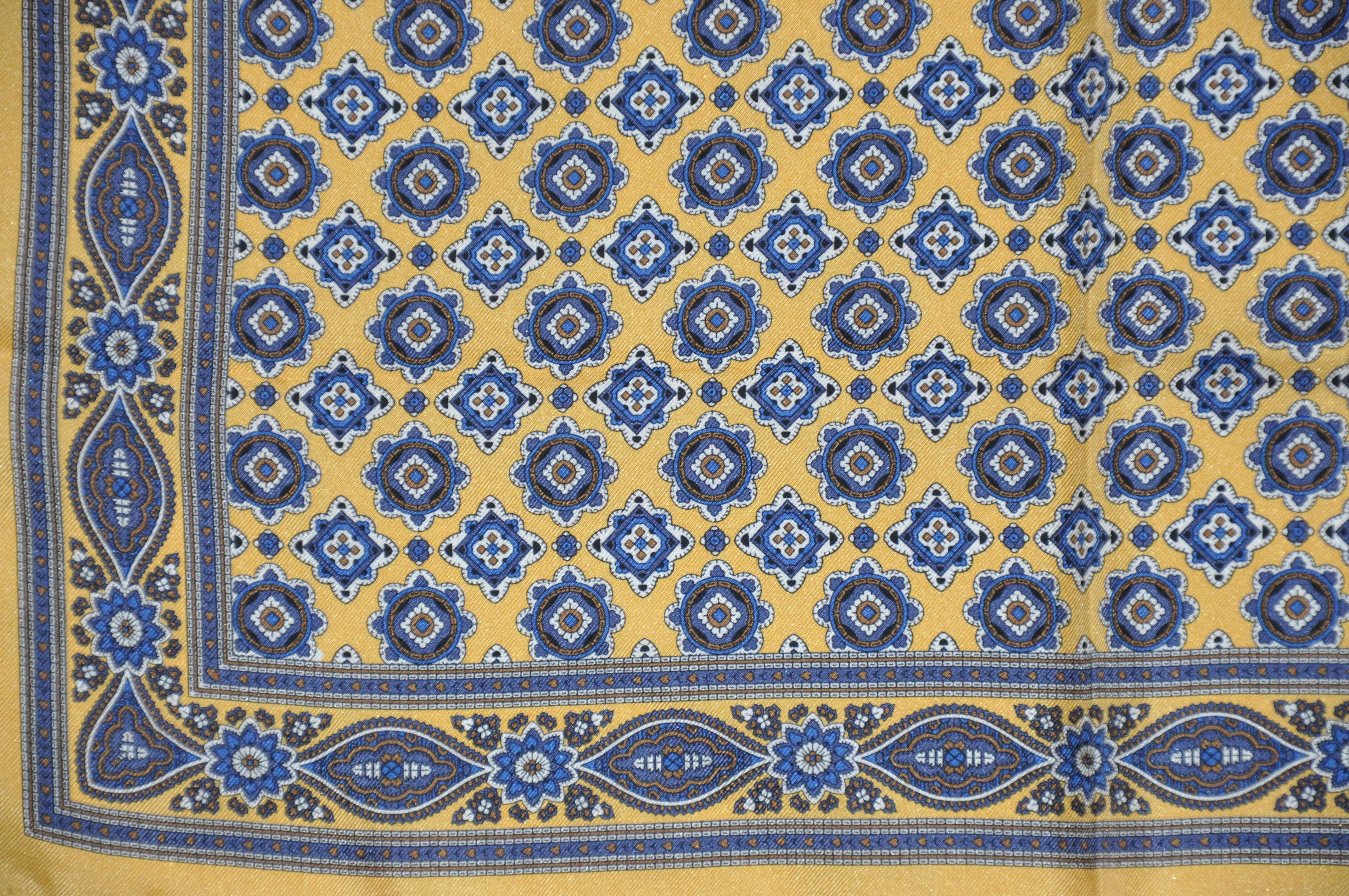 Golden Border with Majestic Multi-Blue Center Men's Silk Handkerchief In Good Condition For Sale In New York, NY