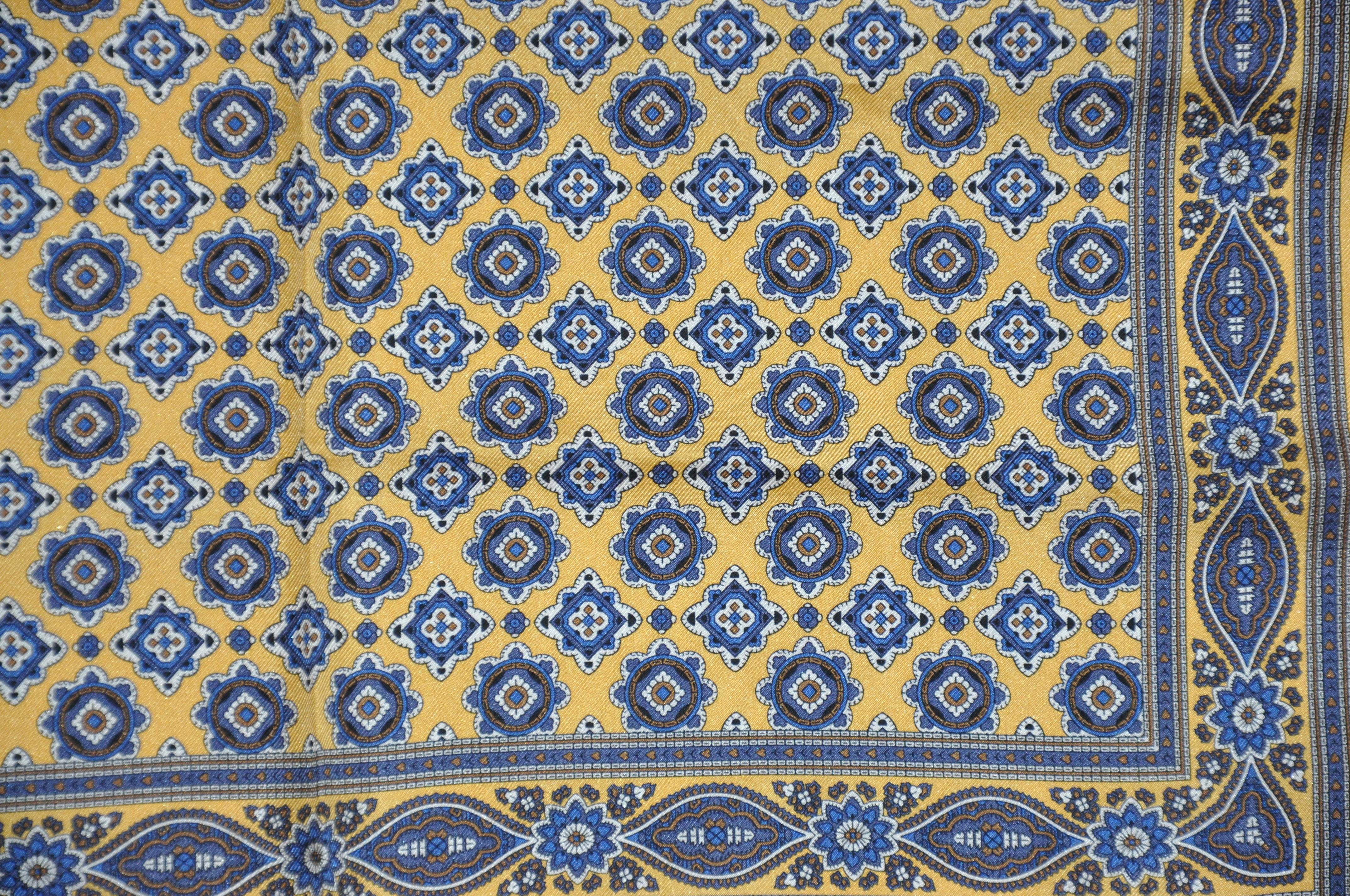 Women's or Men's Golden Border with Majestic Multi-Blue Center Men's Silk Handkerchief For Sale