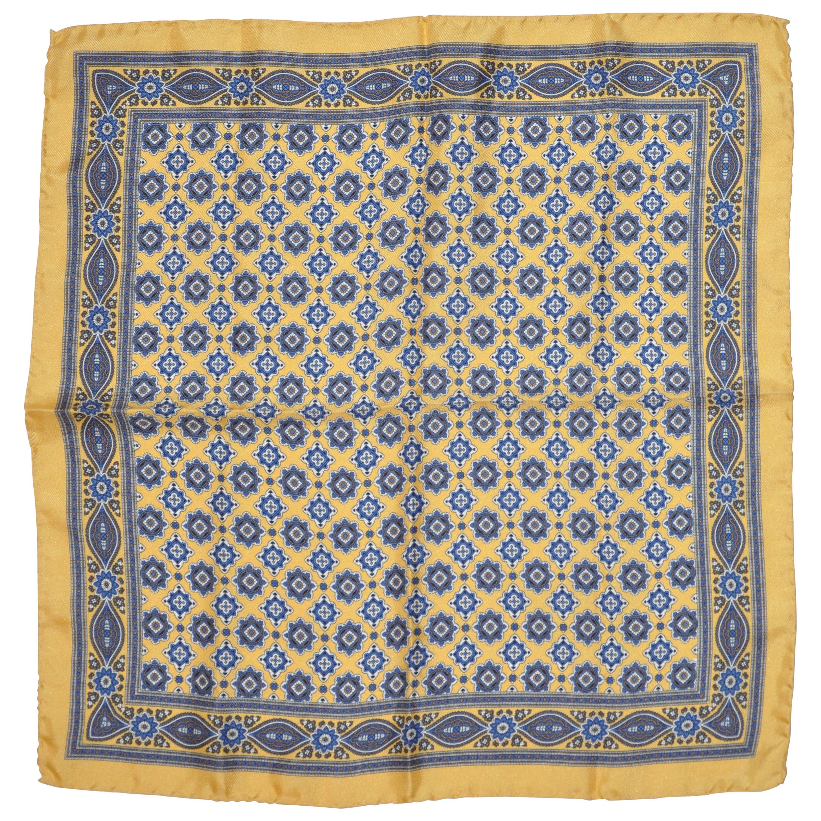 Golden Border with Majestic Multi-Blue Center Men's Silk Handkerchief