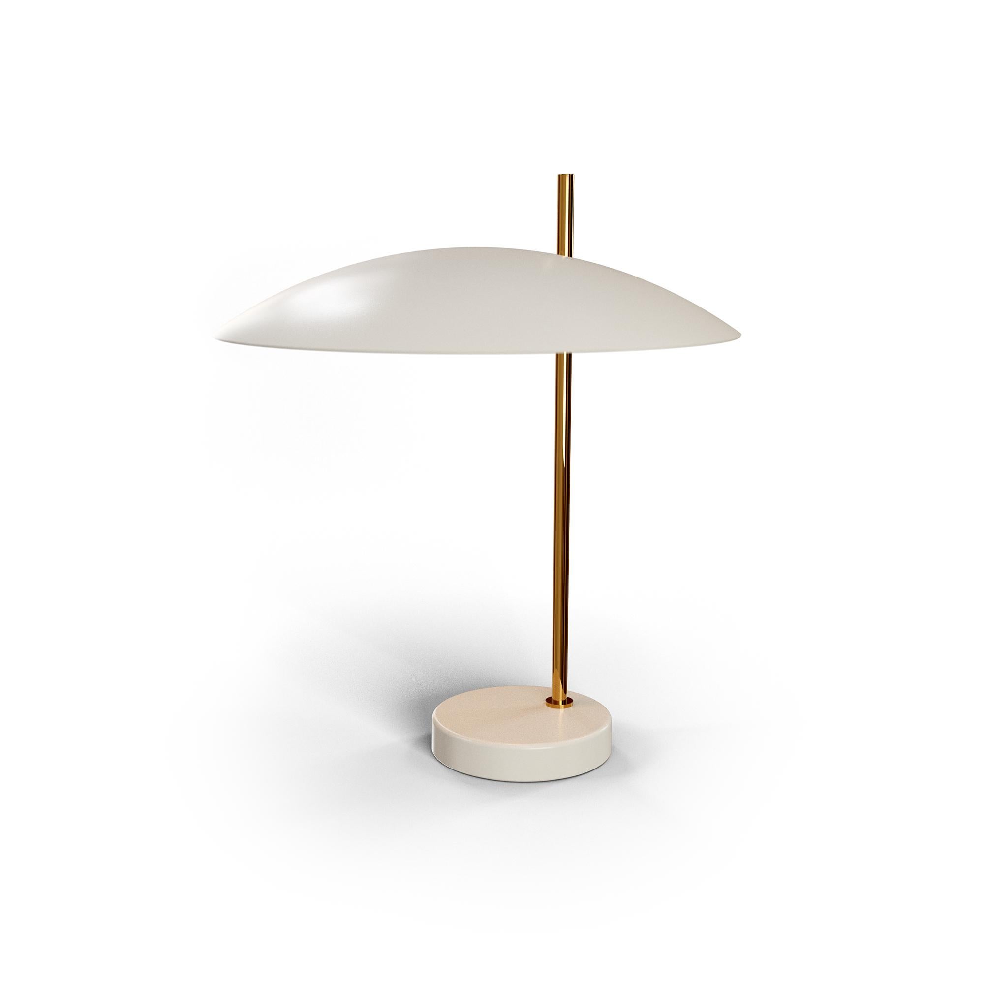 Golden Brass 1013 Table Lamp by Disderot
Limited Edition. 
Designed by Pierre Disderot.
Dimensions: Ø 34,1 x H 39,77 cm.
Materials: Golden brass and white metal.

Delivered with authentication certificate. Made in France. Available in brushed brass,