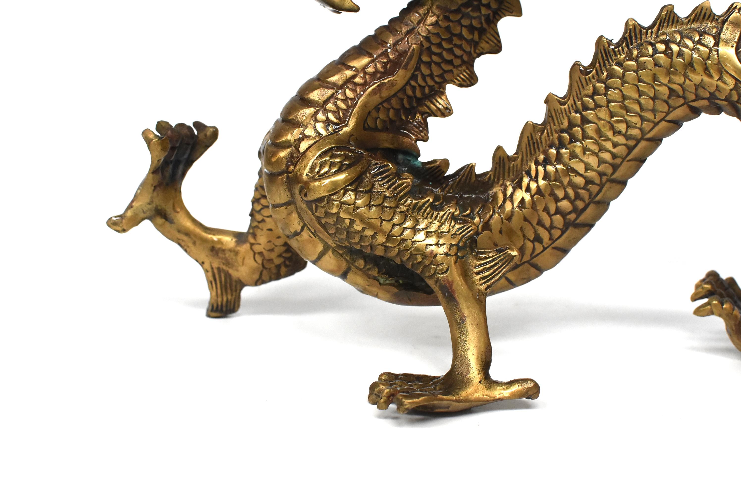 Golden Brass Dragon Statue In Good Condition In Somis, CA