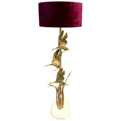 Golden Brass Floor Lamp Sculptural Birds on a Marble Base by Lancia Italy, 1970s