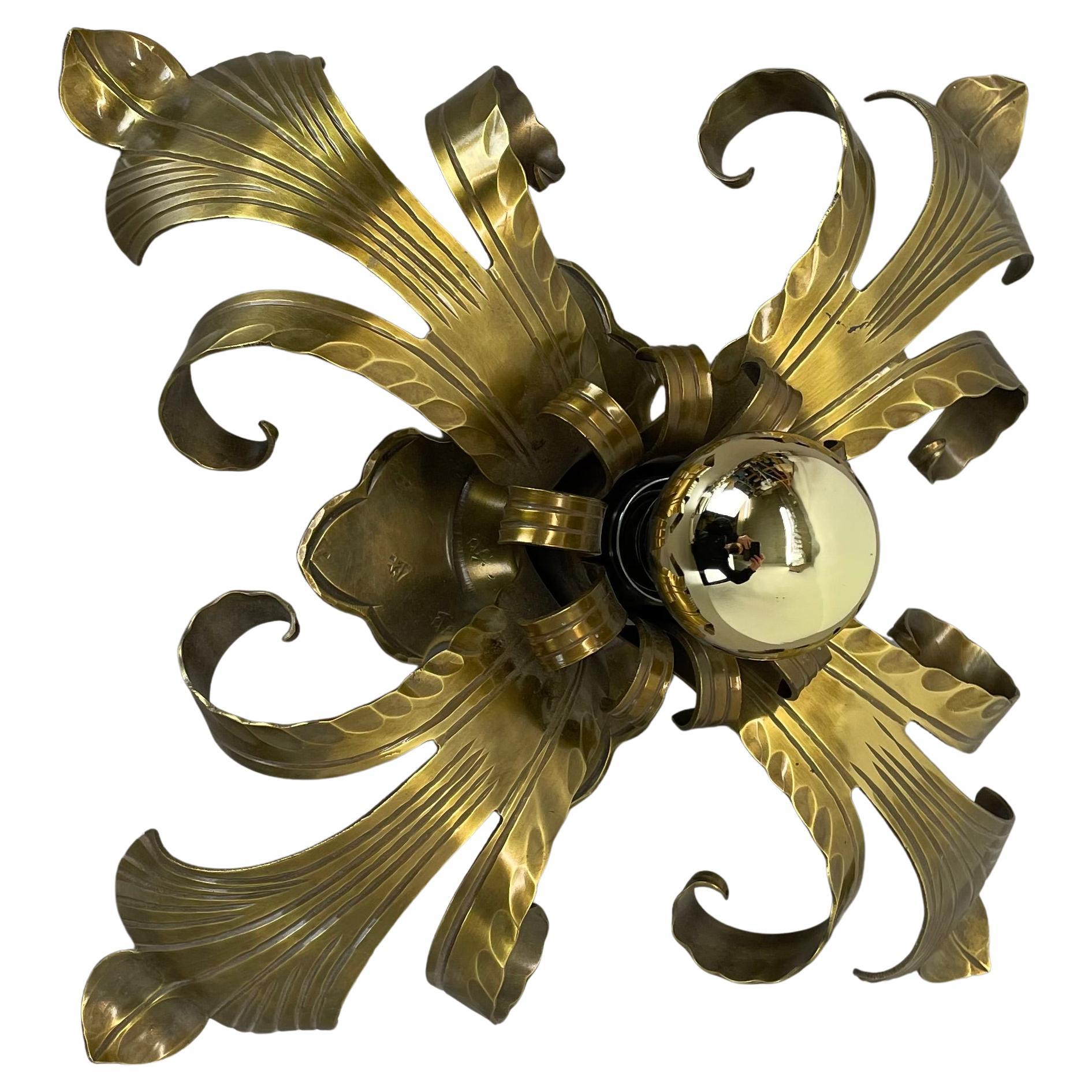 Golden brass Florentiner Leaf Theatre Wall Ceiling Light Sconce, Italy, 1960s