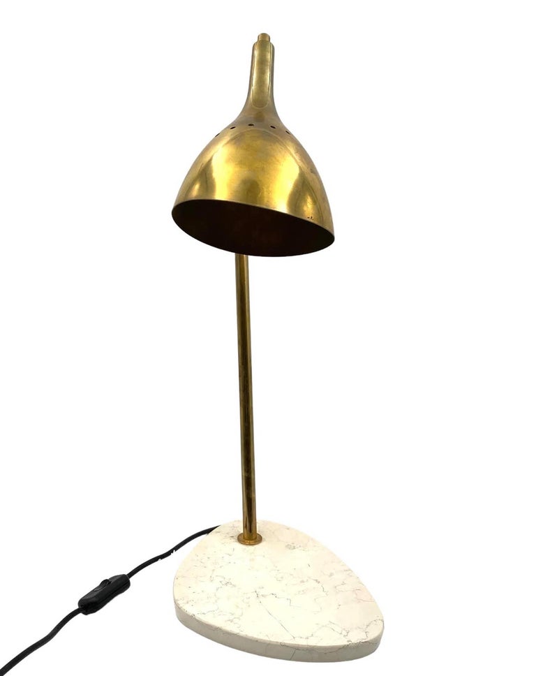 Golden Brass Table / Desk Lamp with Carrara Marble Base, Italy, circa