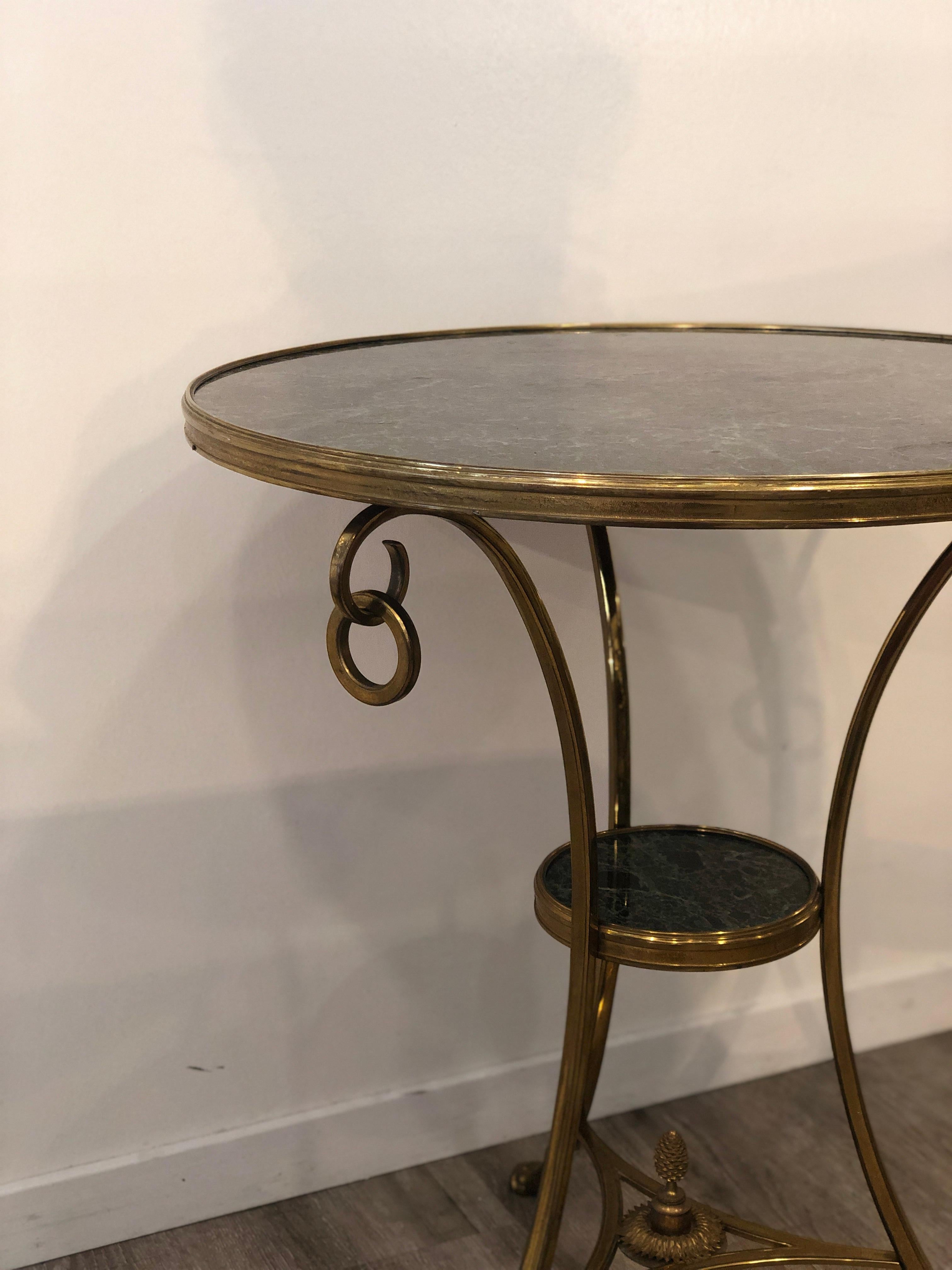 French Golden Bronze and Brass Two Tops Marble Rounded Gueridon Small Table