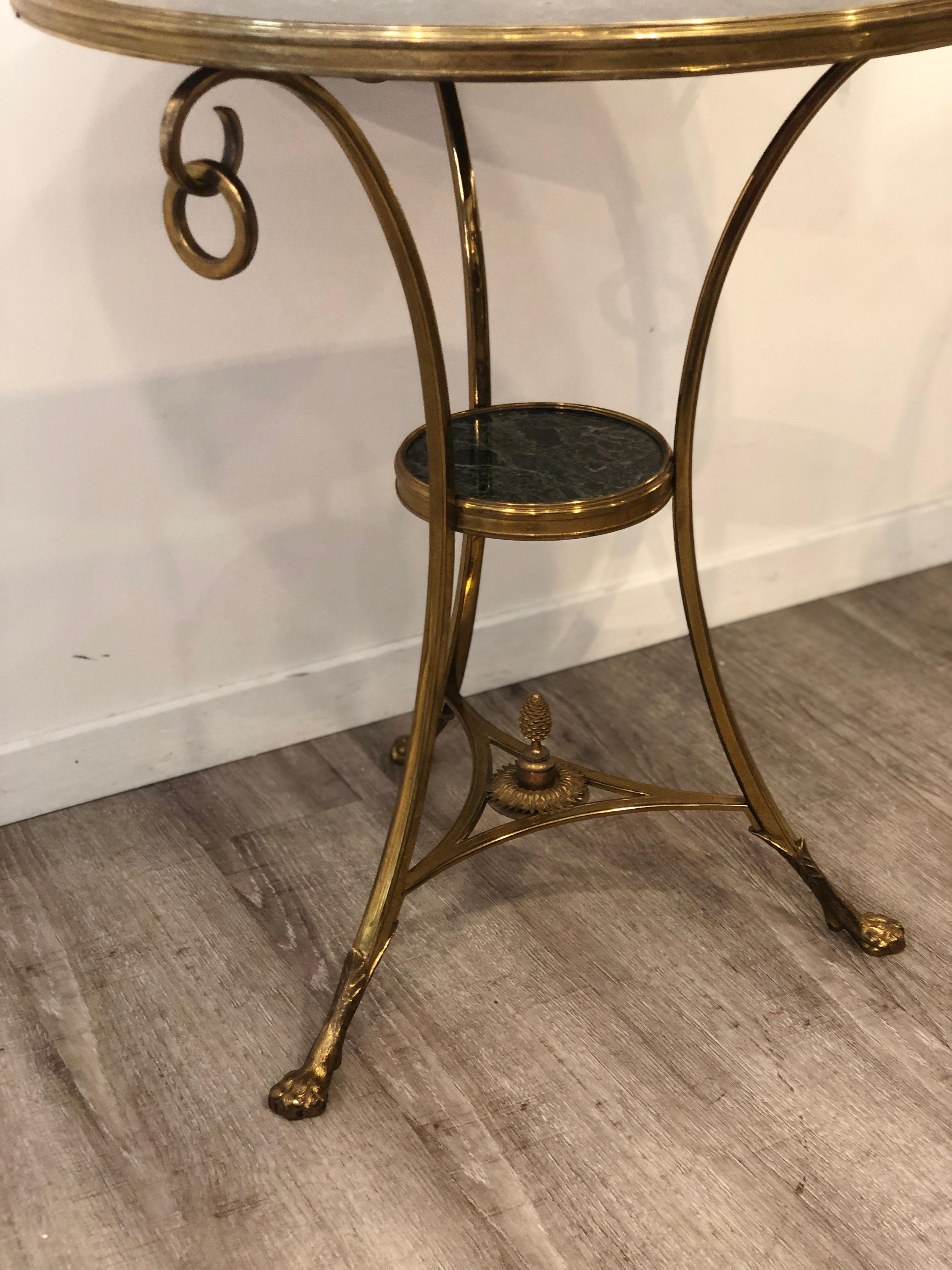 20th Century Golden Bronze and Brass Two Tops Marble Rounded Gueridon Small Table