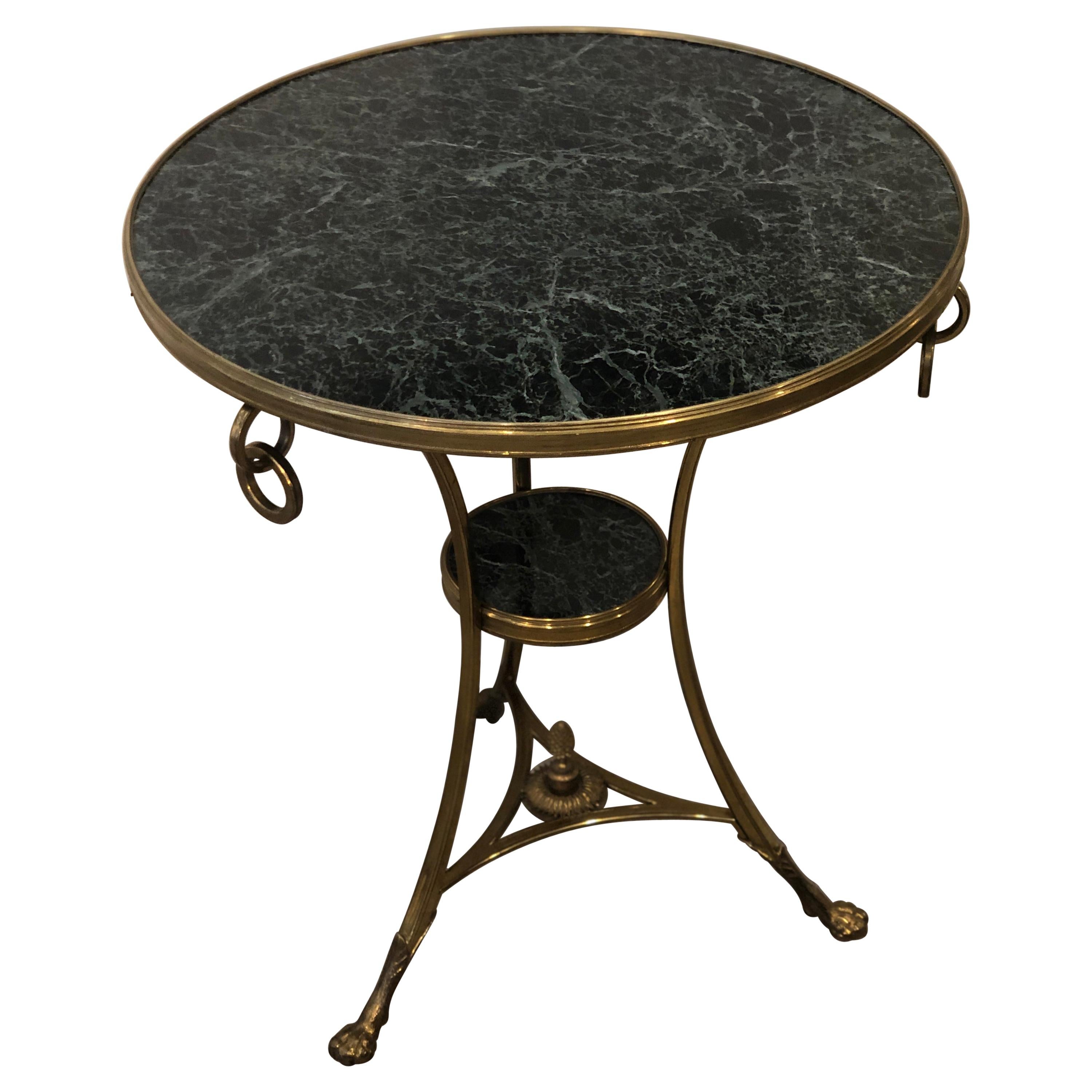Golden Bronze and Brass Two Tops Marble Rounded Gueridon Small Table
