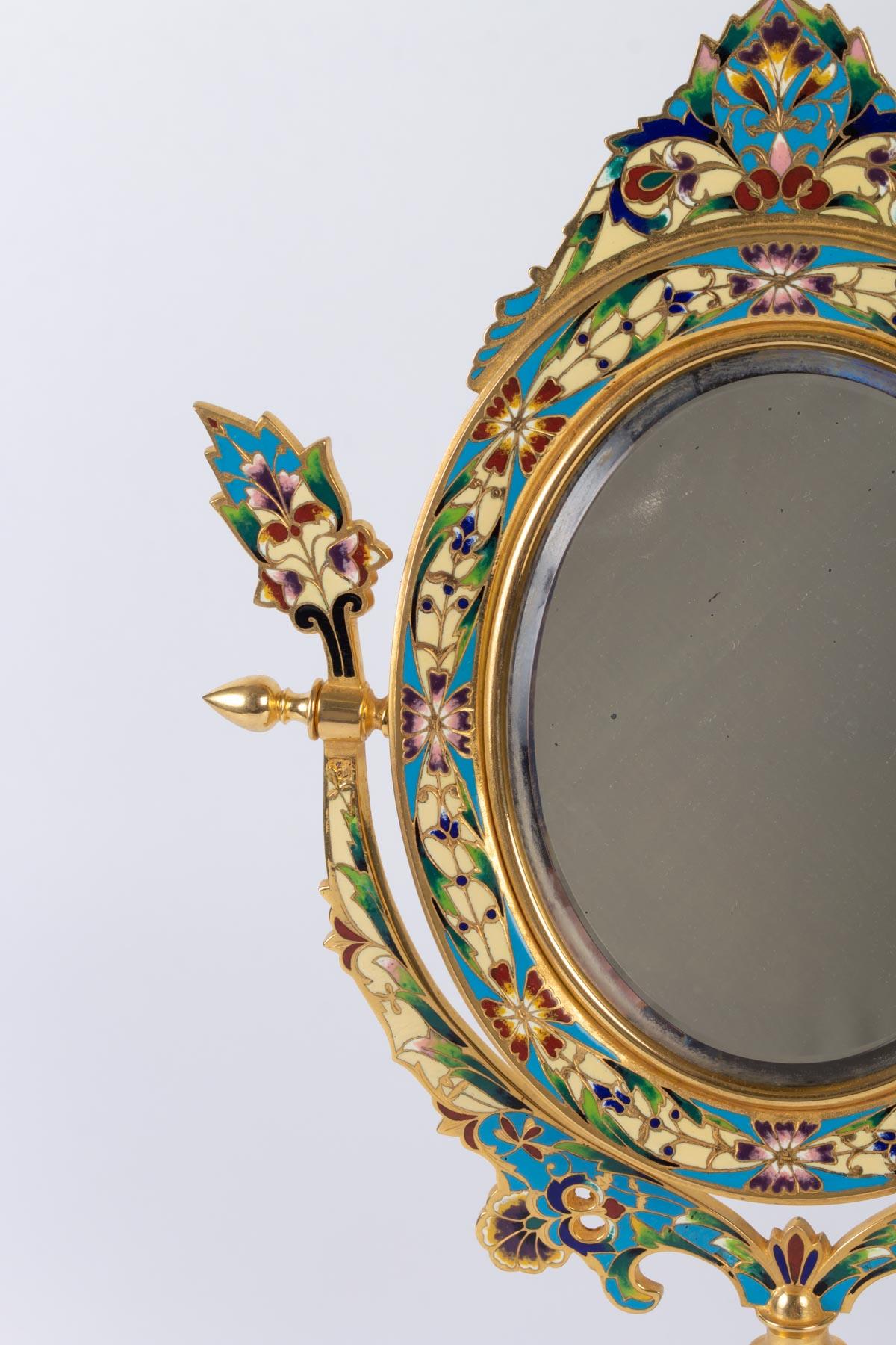 French Golden Bronze and Cloisonné Mirror, 19th century